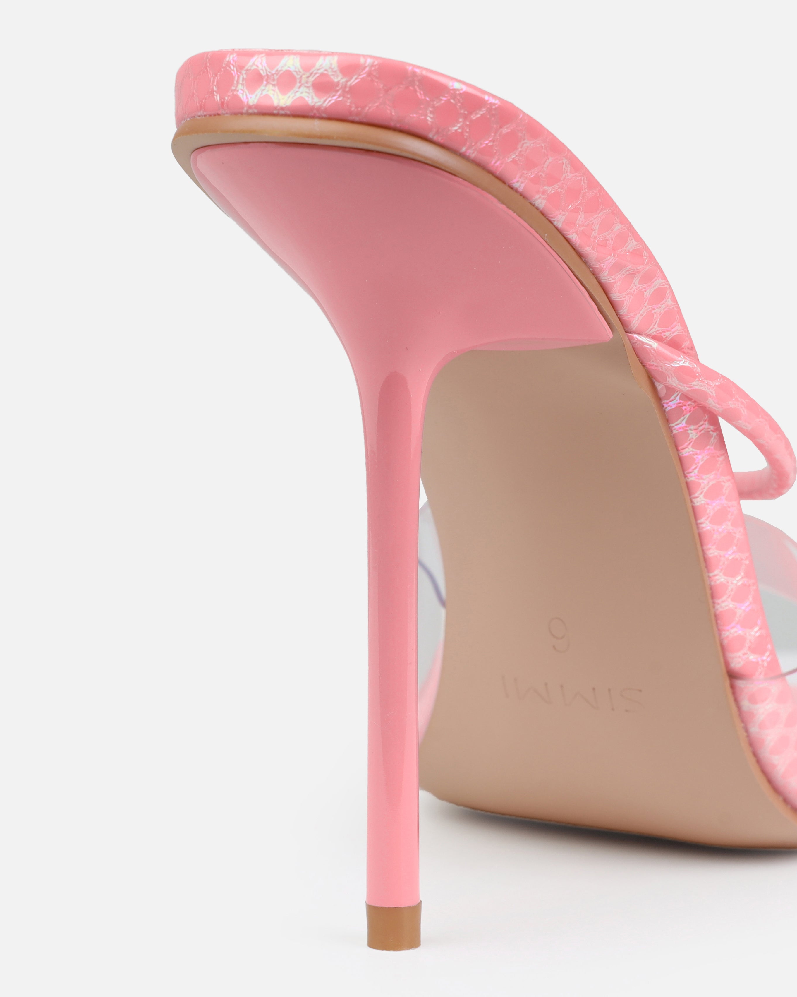 Chita Pink Faux Snake Print Clear Toe Thong Mules | SIMMI London