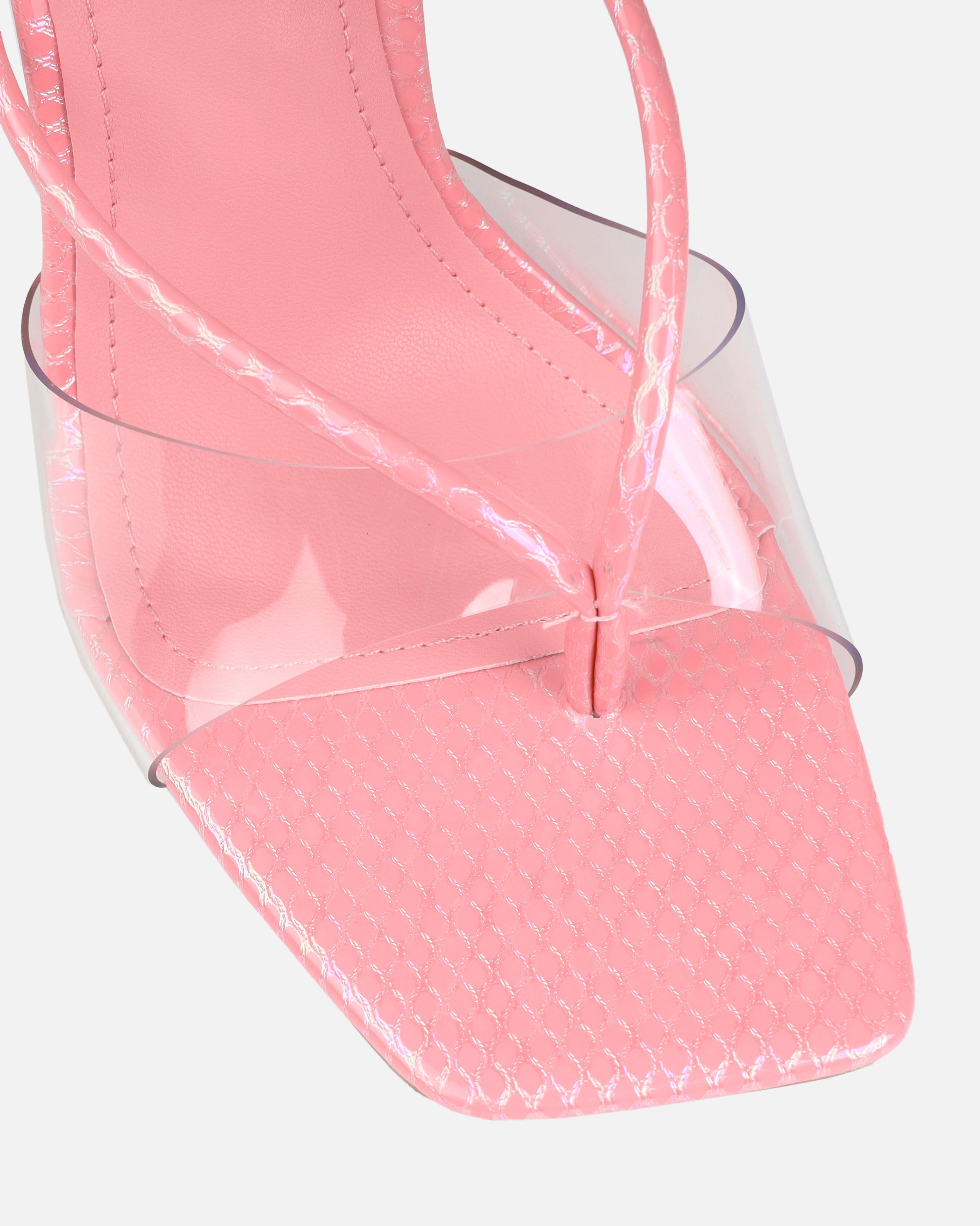 Chita Pink Faux Snake Print Clear Toe Thong Mules | SIMMI London