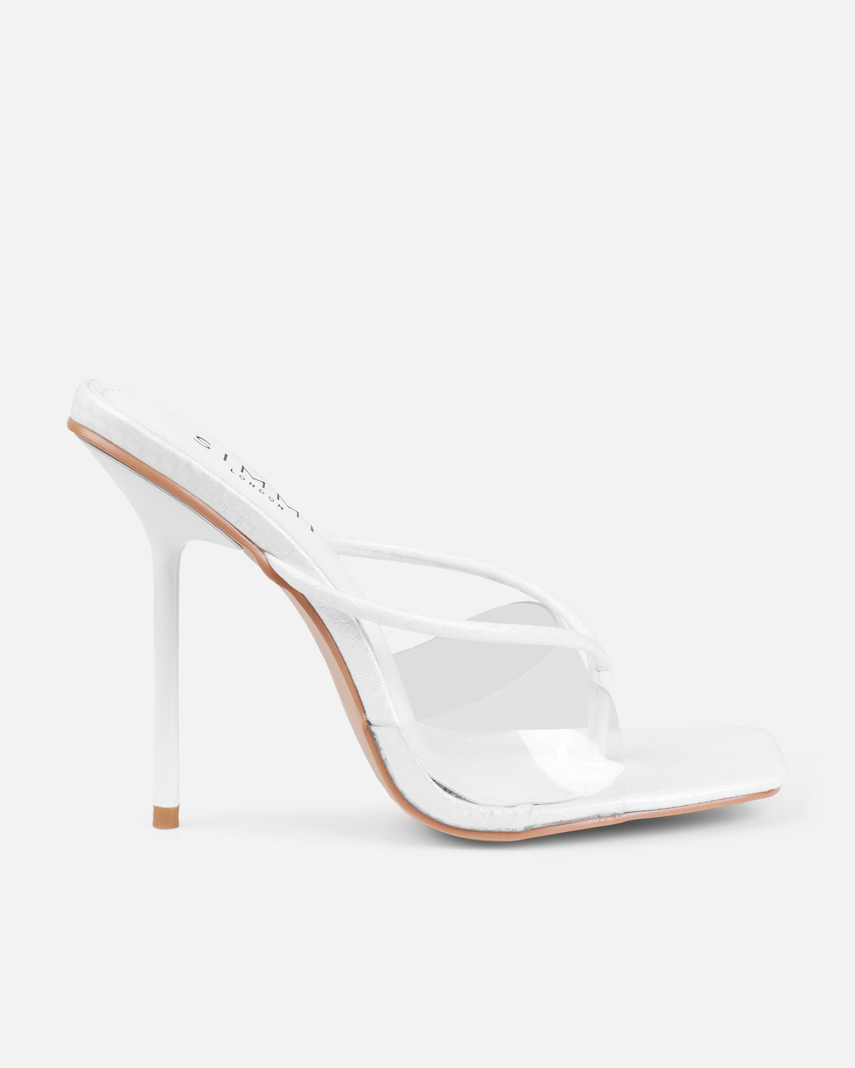 Chita White Faux Snake Print Clear Toe Thong Mules | SIMMI London