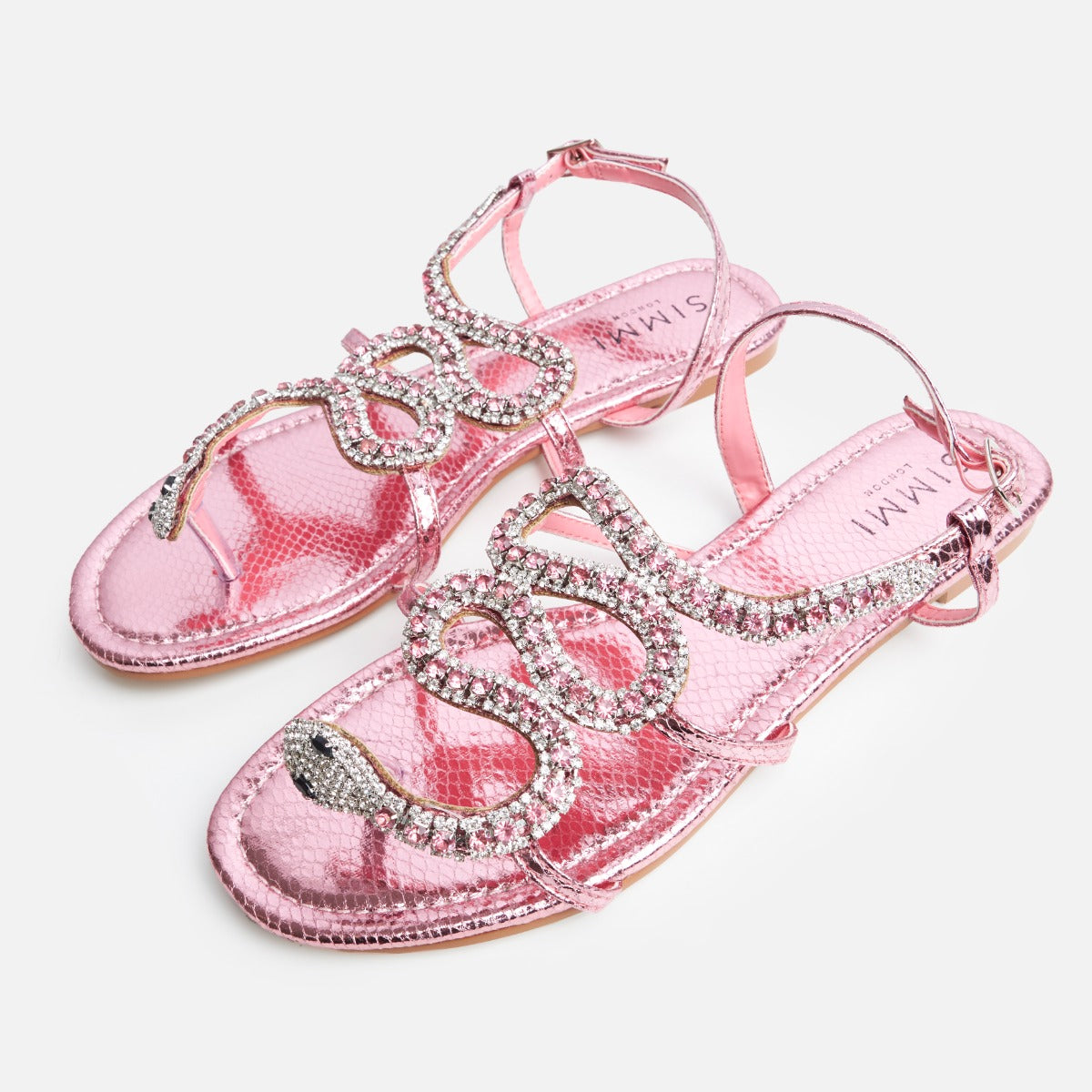 Cobra Pink Faux Snake Print Diamante Snake Flat Sandals | SIMMI London
