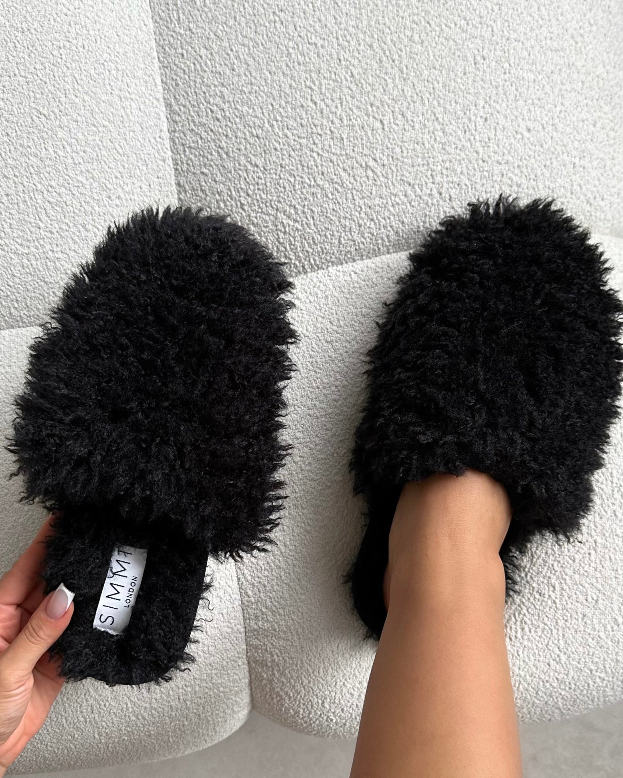 Floof Black Curly Faux Fur Slippers | SIMMI London