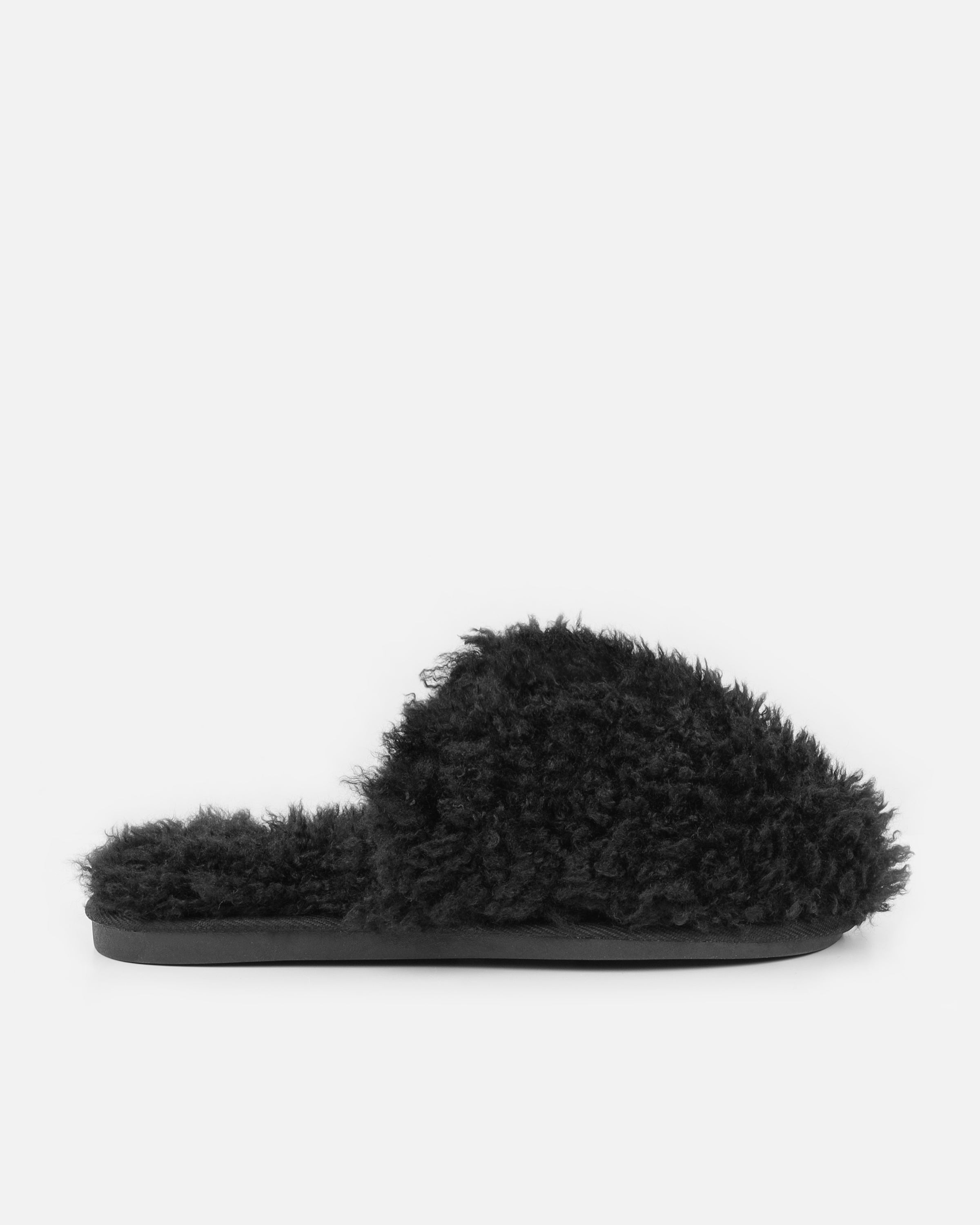 Floof Black Curly Faux Fur Slippers | SIMMI London