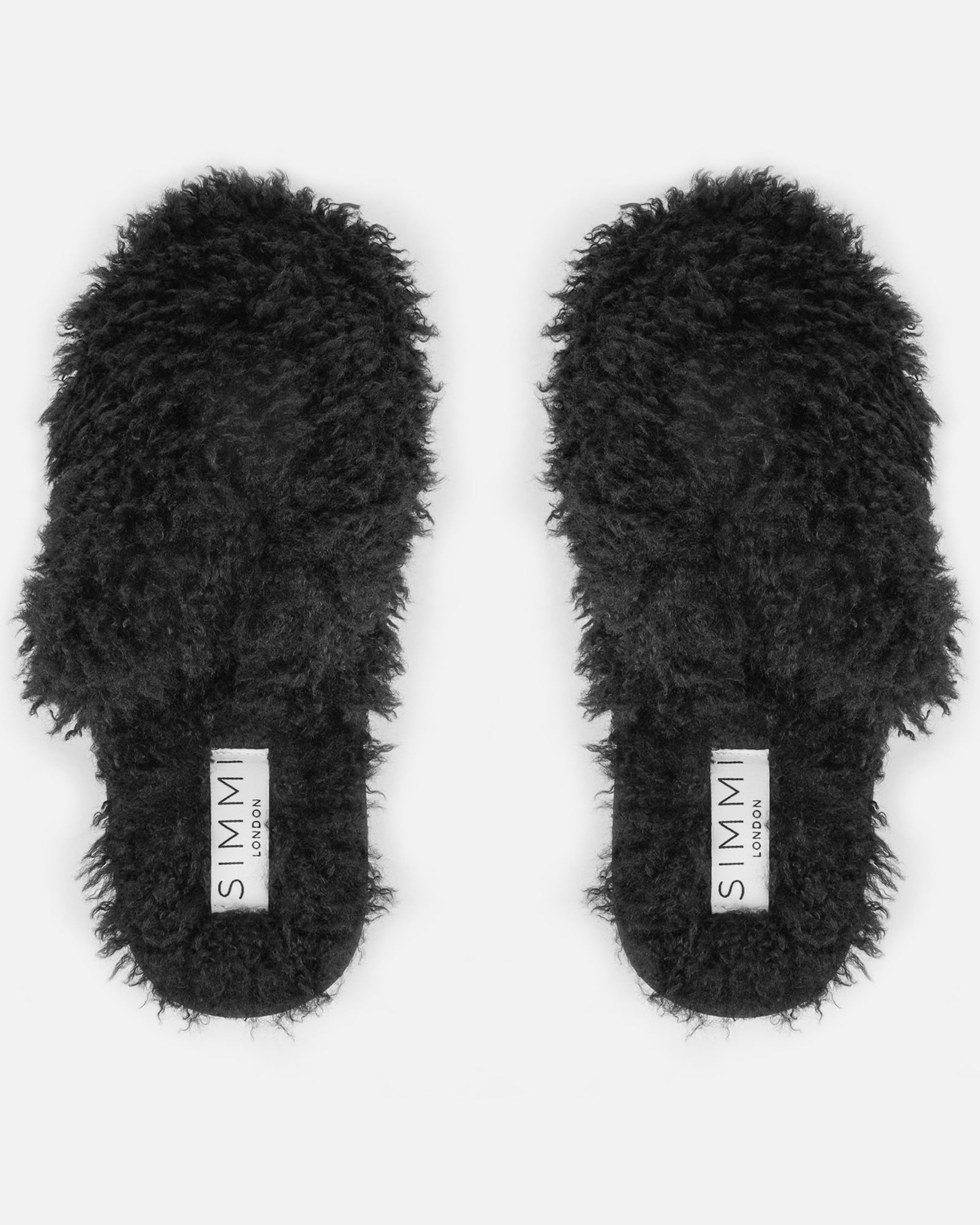 Floof Black Curly Faux Fur Slippers | SIMMI London