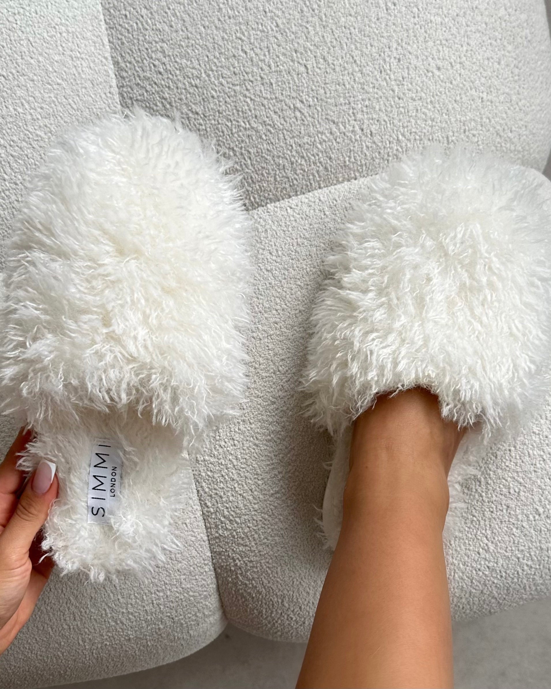 Floof Cream Curly Faux Fur Slippers | SIMMI London