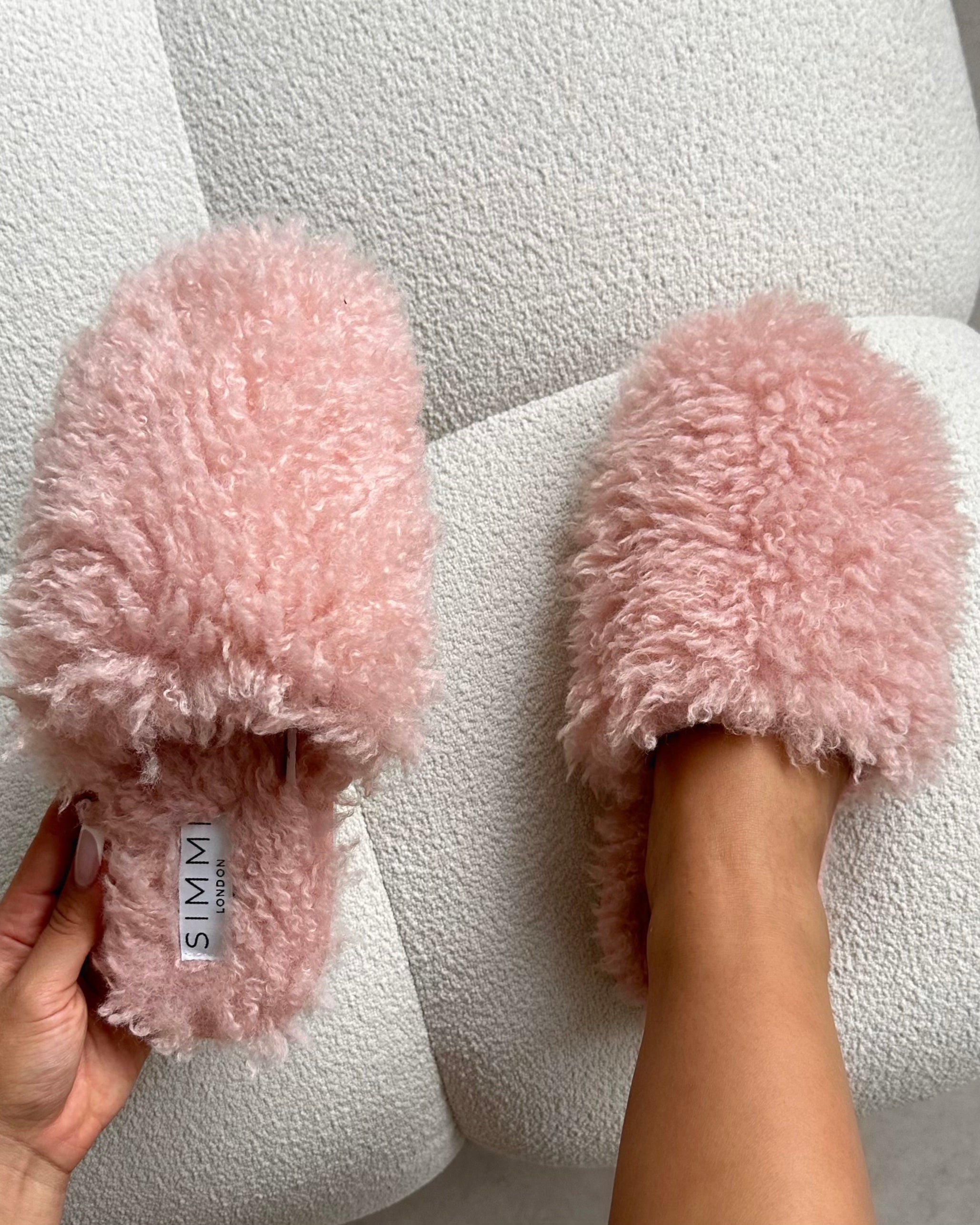 Floof Light Pink Curly Faux Fur Slippers | SIMMI London