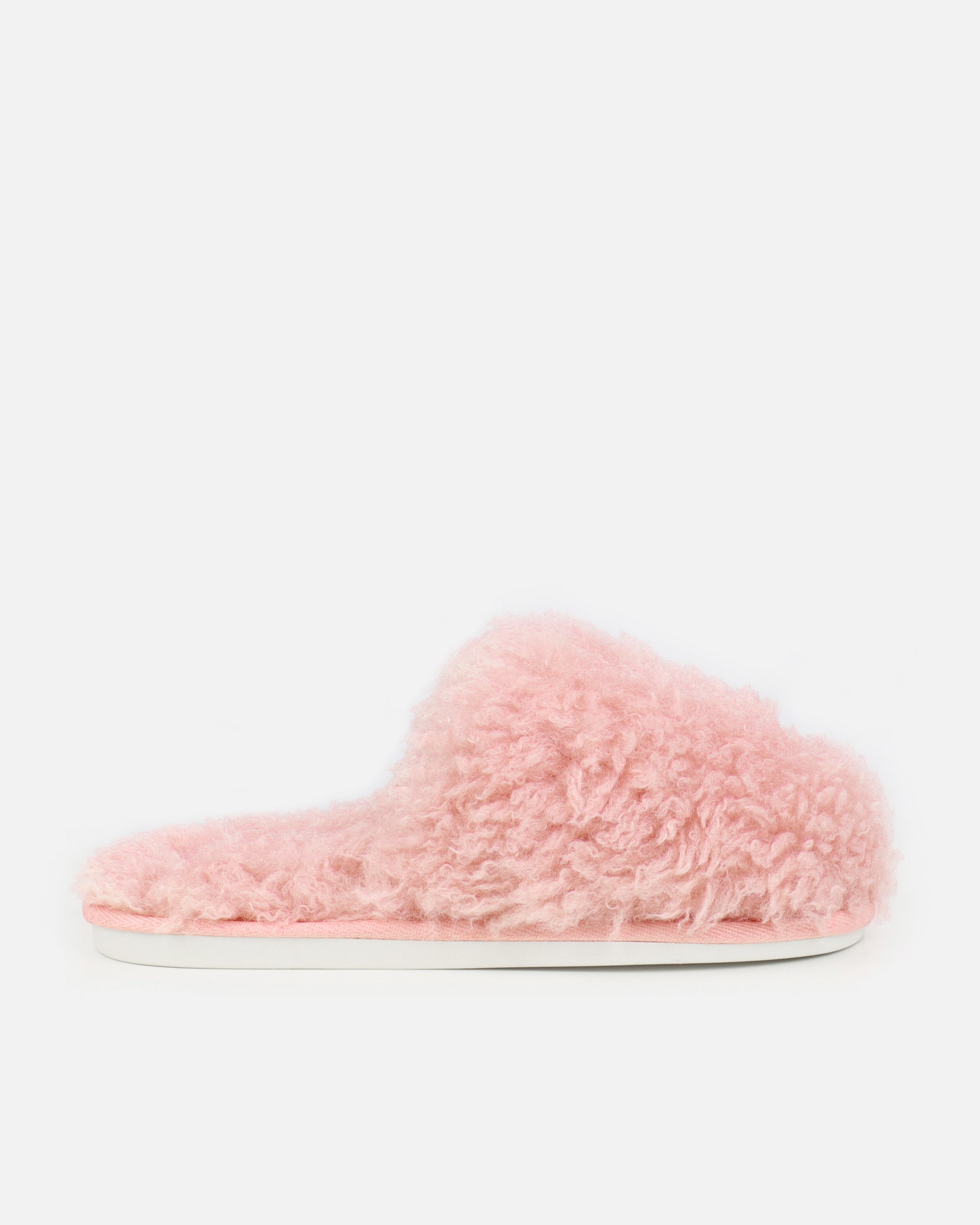 Floof Light Pink Curly Faux Fur Slippers | SIMMI London