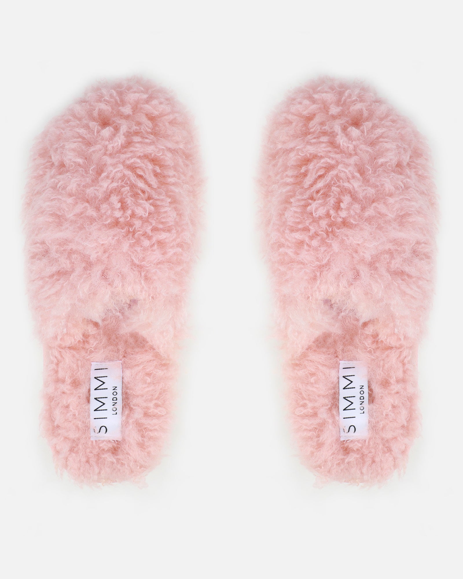 Floof Light Pink Curly Faux Fur Slippers | SIMMI London