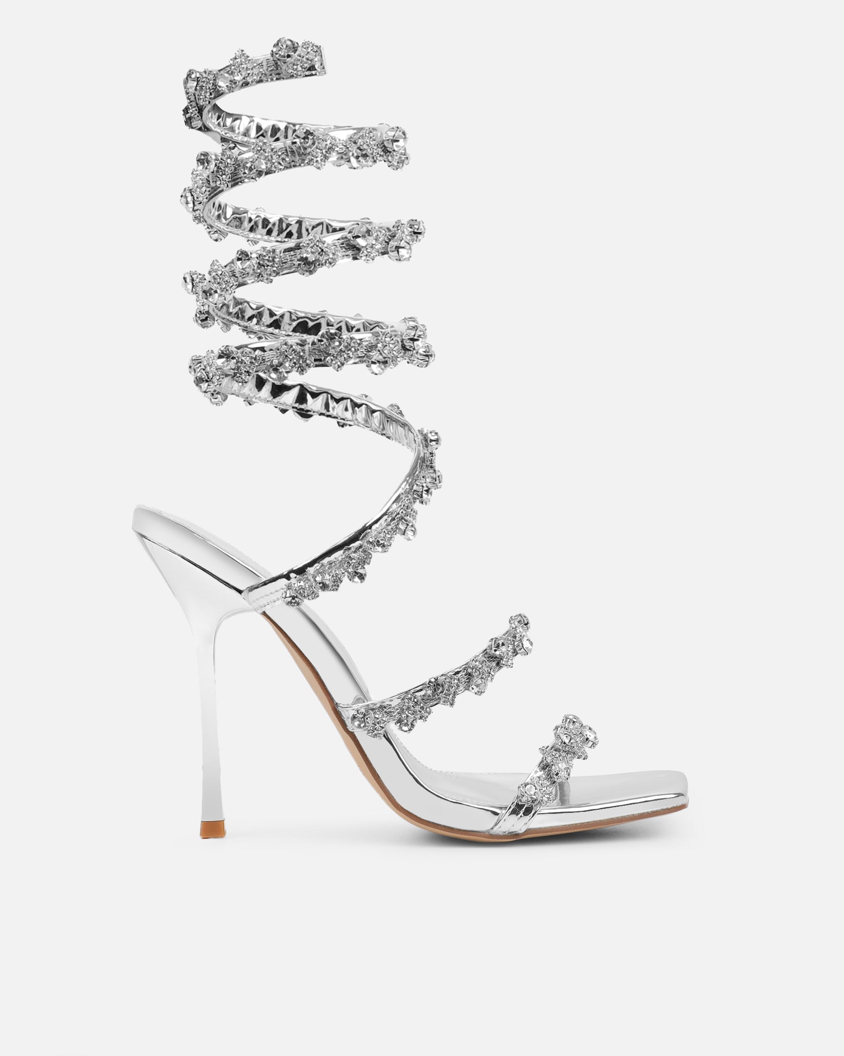 Cosmic silver mirror diamante spiral sandals | SIMMI London
