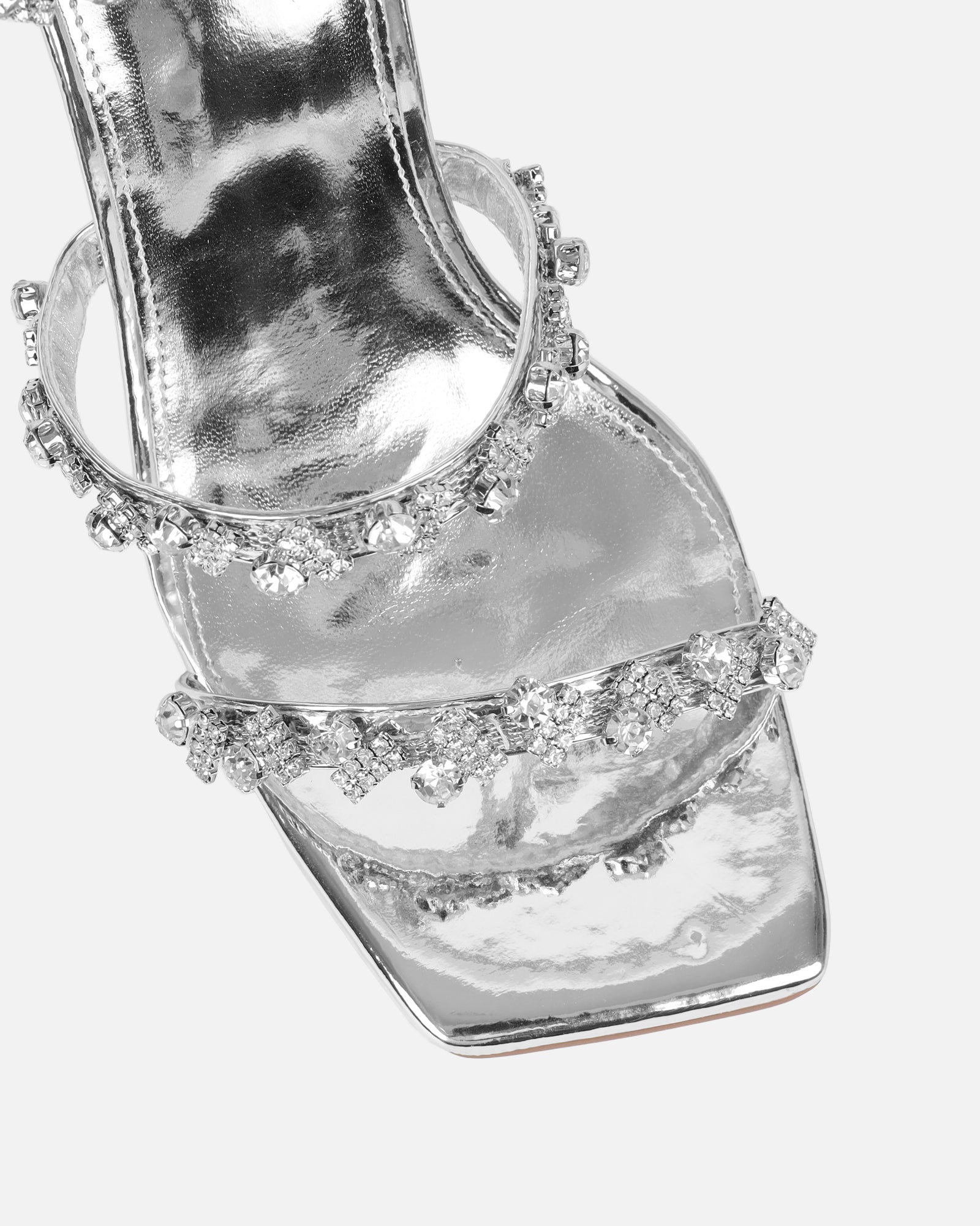 Cosmic silver mirror diamante spiral sandals | SIMMI London