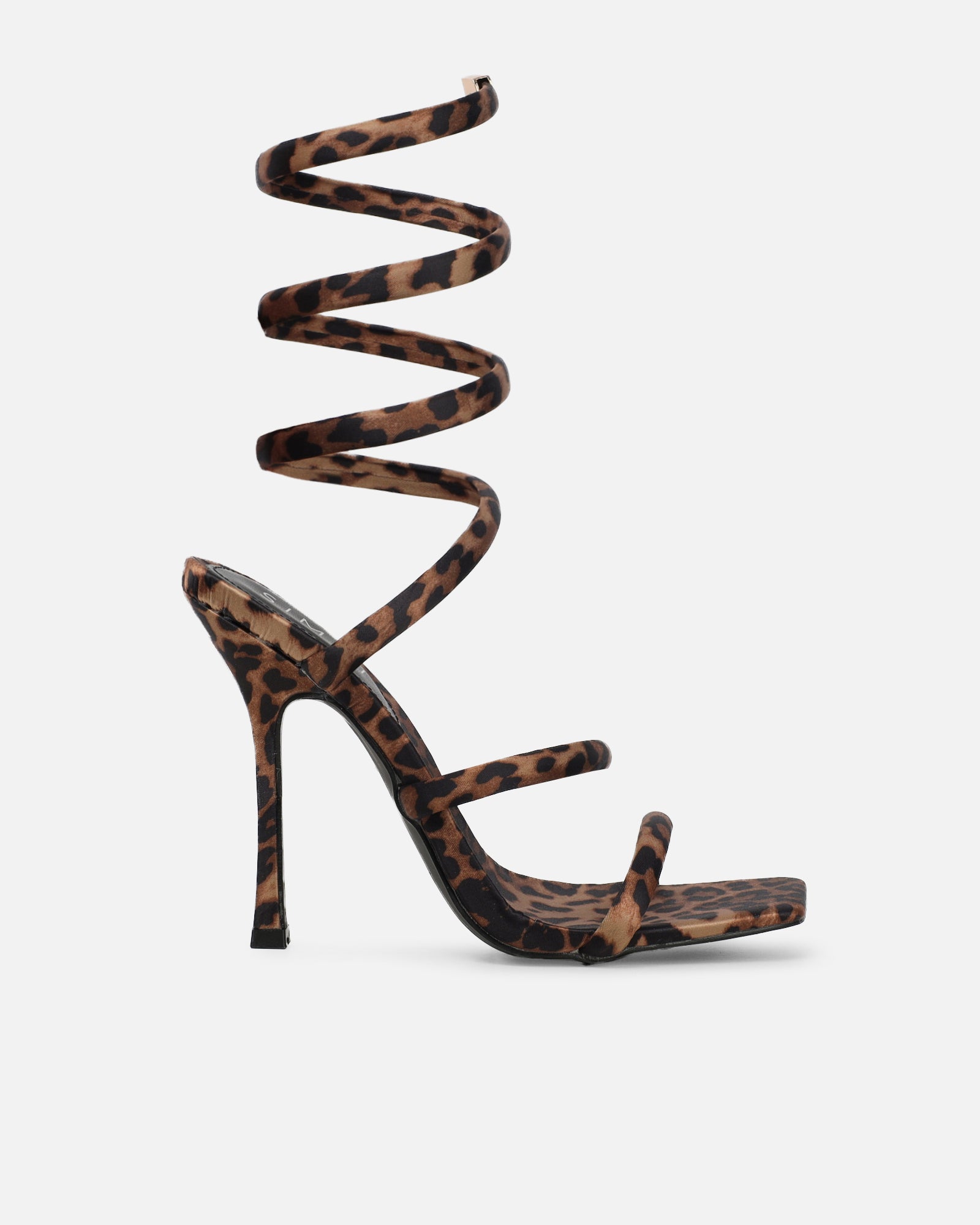 Corrina Leopard Satin Spiral Heeled Sandals | SIMMI London