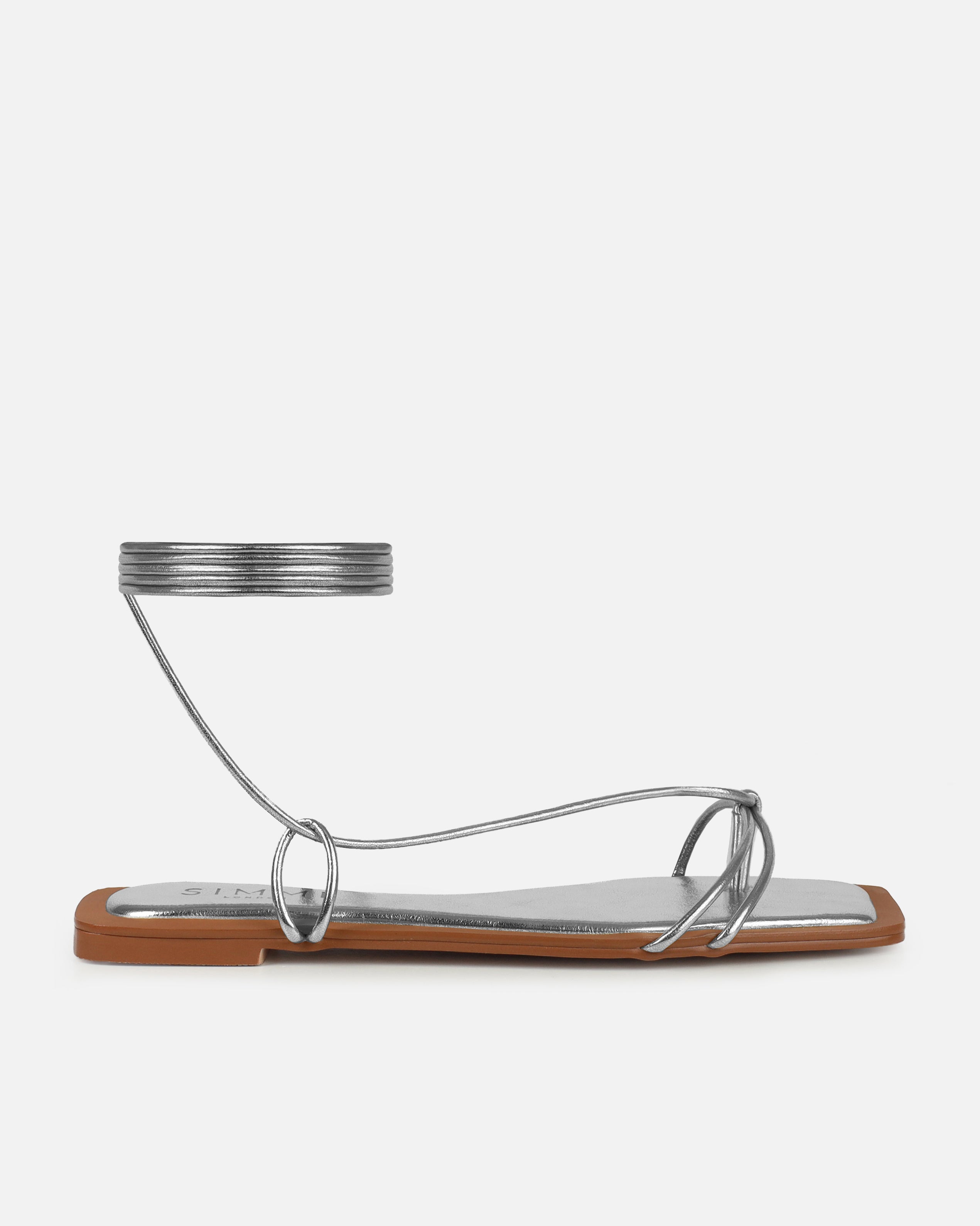 Cosmina Silver Metallic Lace Up Flat Sandals | SIMMI London