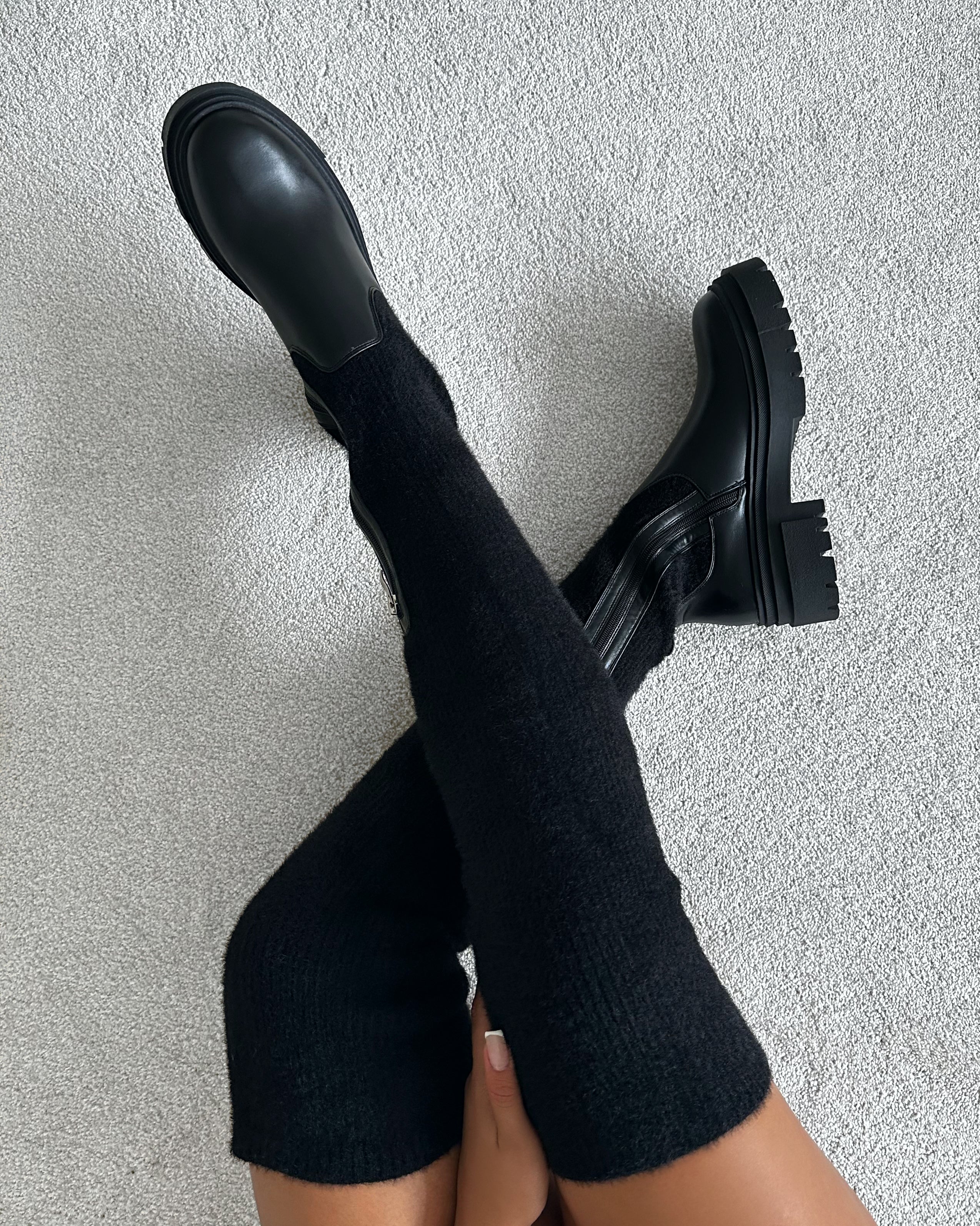 Stallone Black Over The Knee Fluffy Sock Boots | SIMMI London