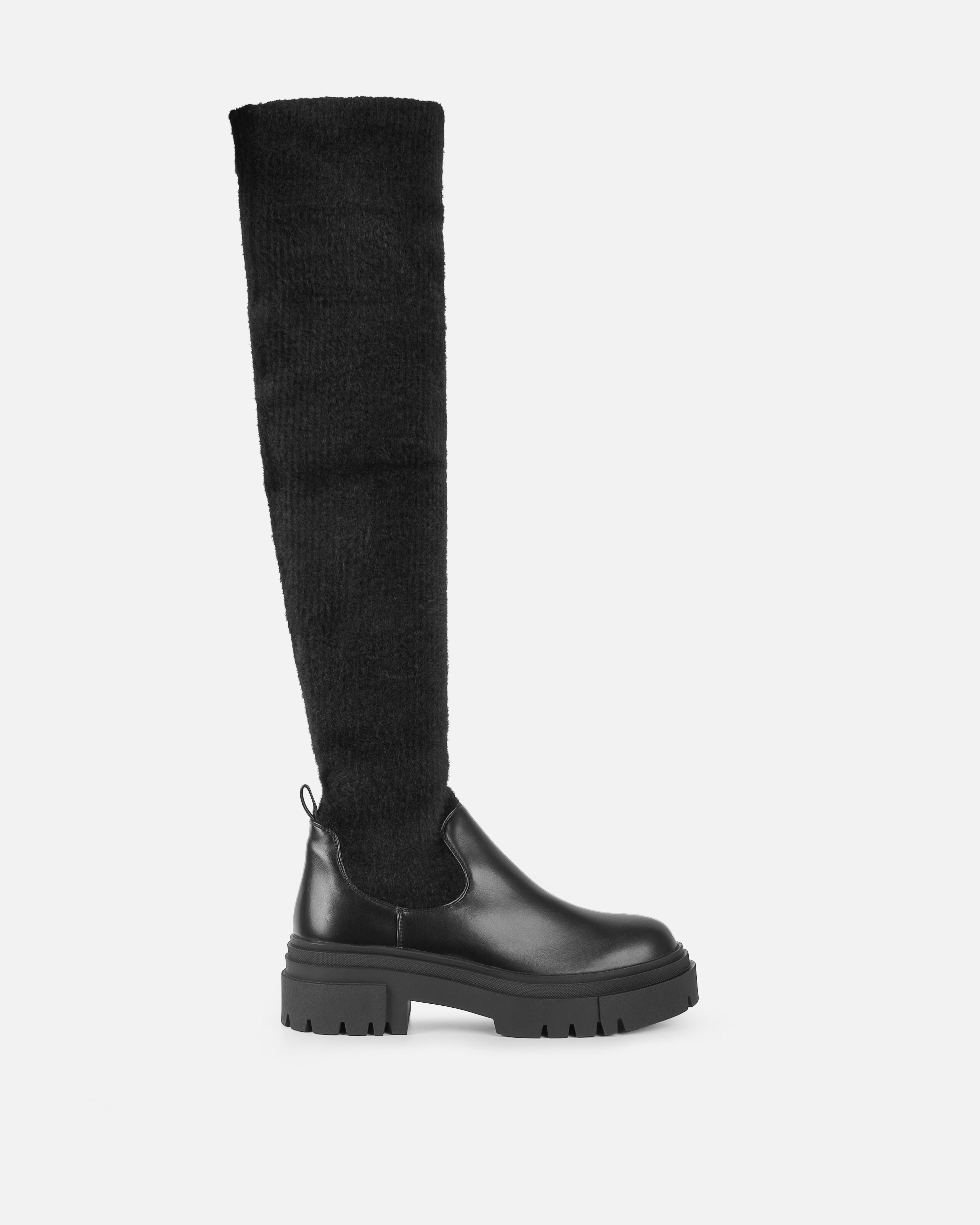 Stallone Black Over The Knee Fluffy Sock Boots | SIMMI London