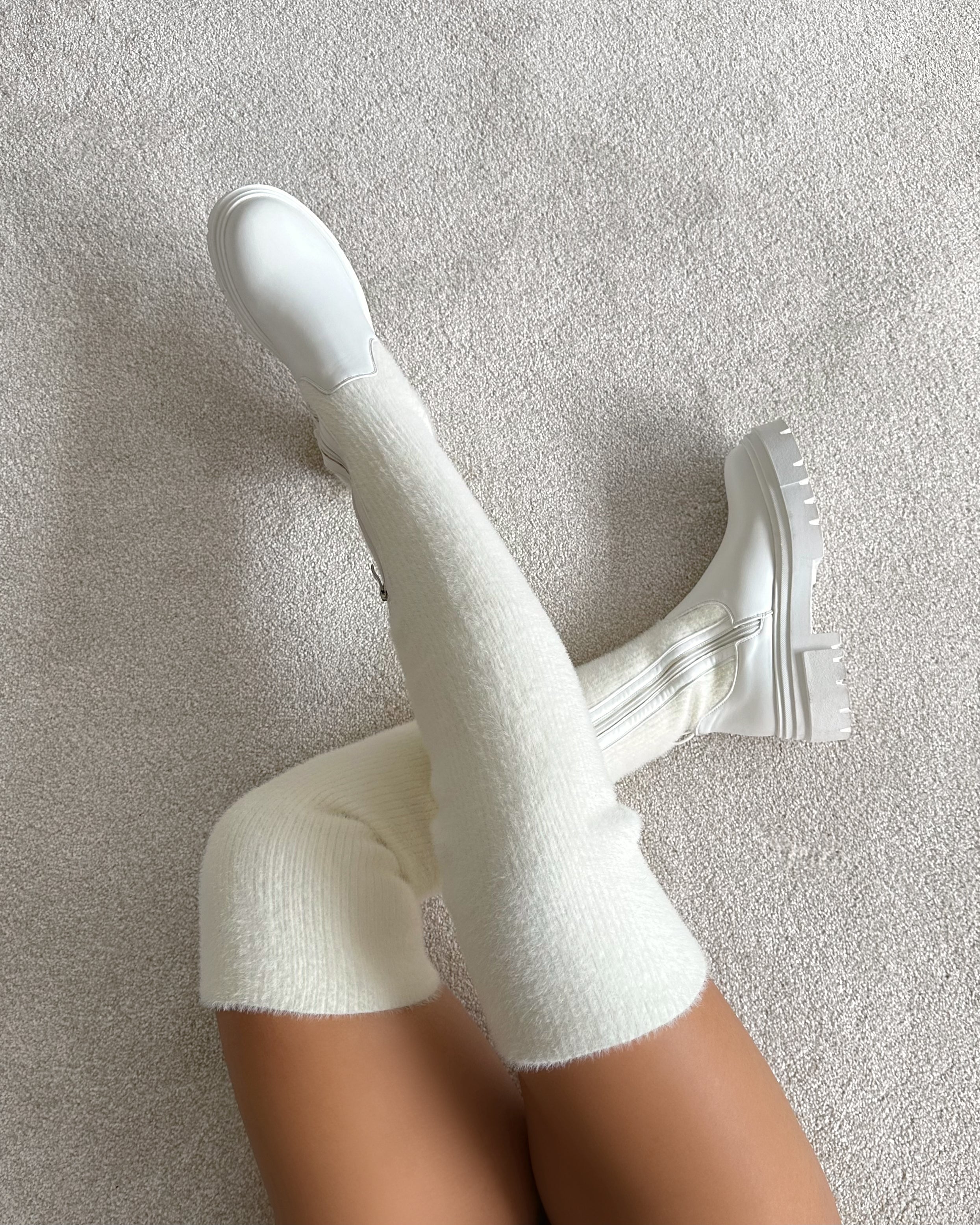 Stallone Cream Over The Knee Fluffy Sock Boots | SIMMI London