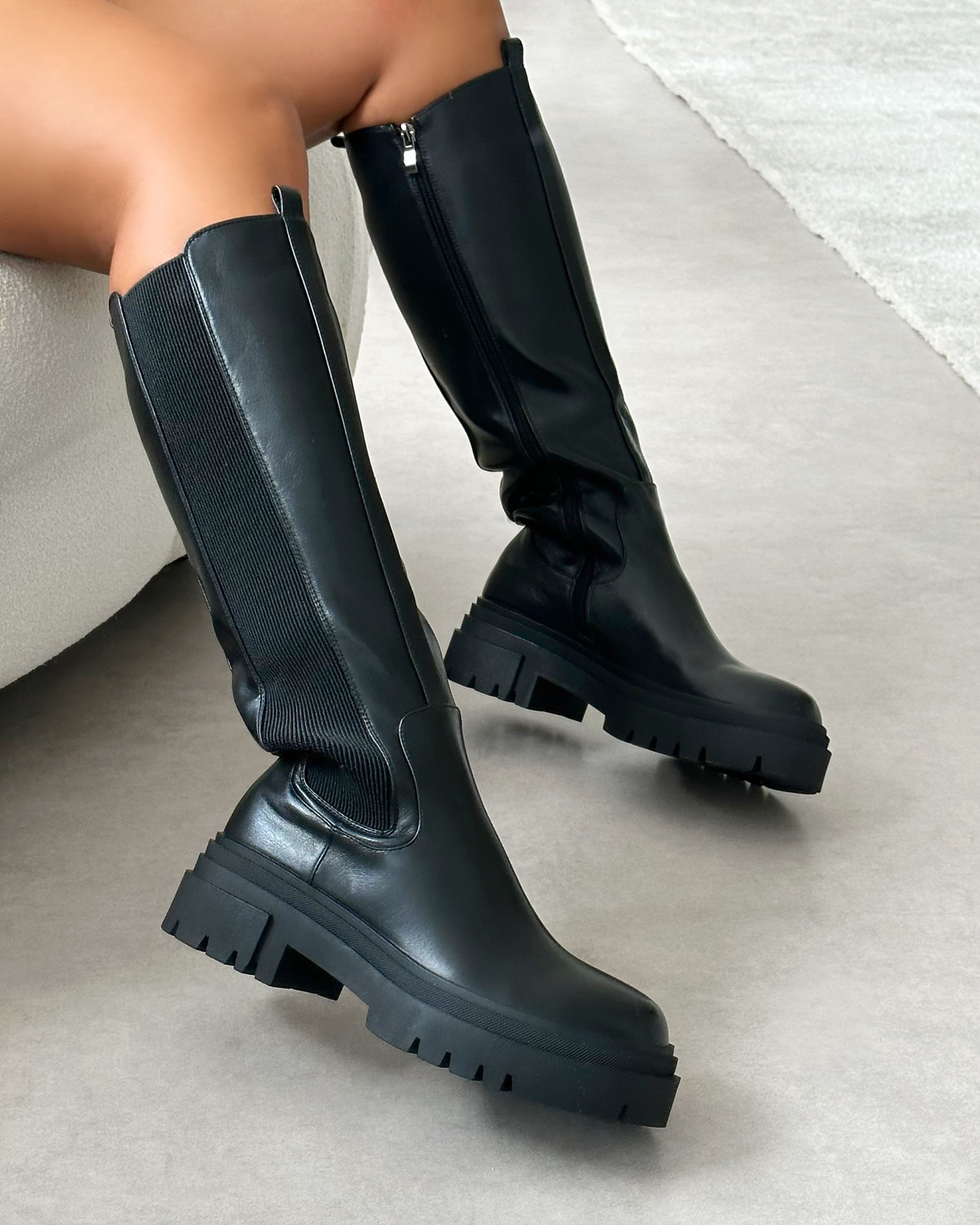 Tommo Black Flat Chunky Knee High Boots | SIMMI London