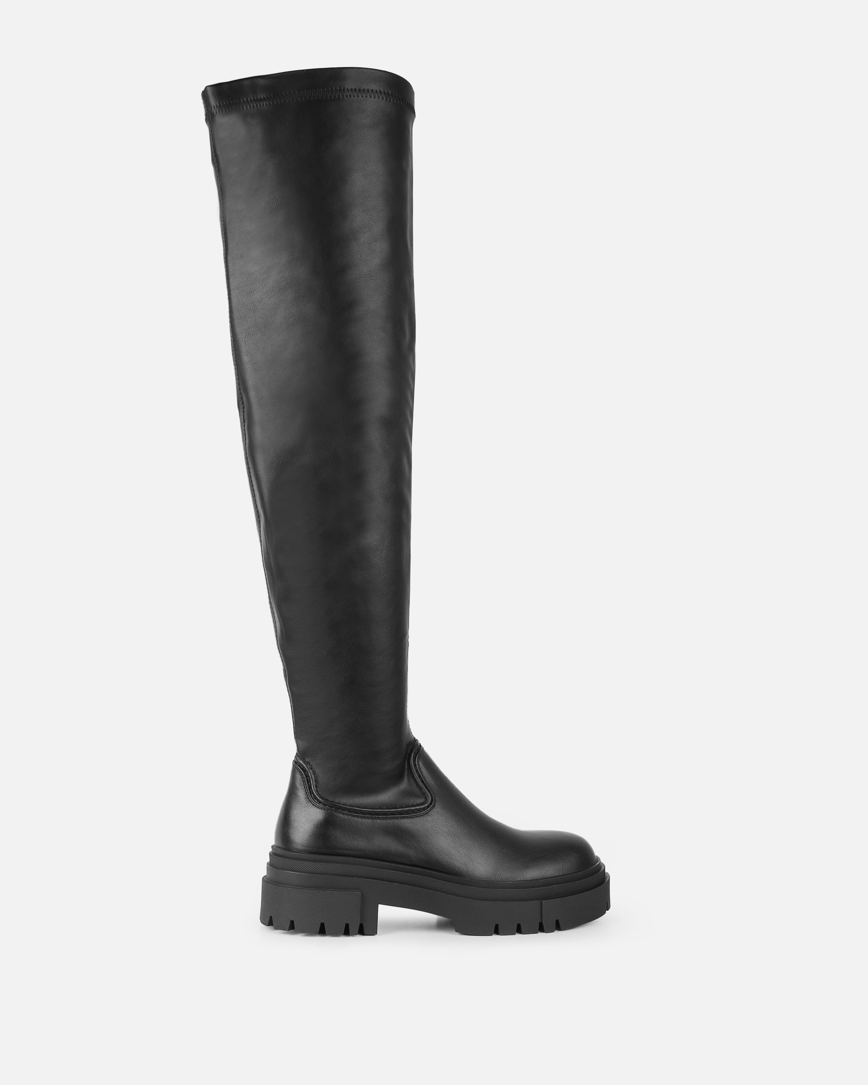 Wezley Black Flat Over The Knee Thigh High Boots | SIMMI London