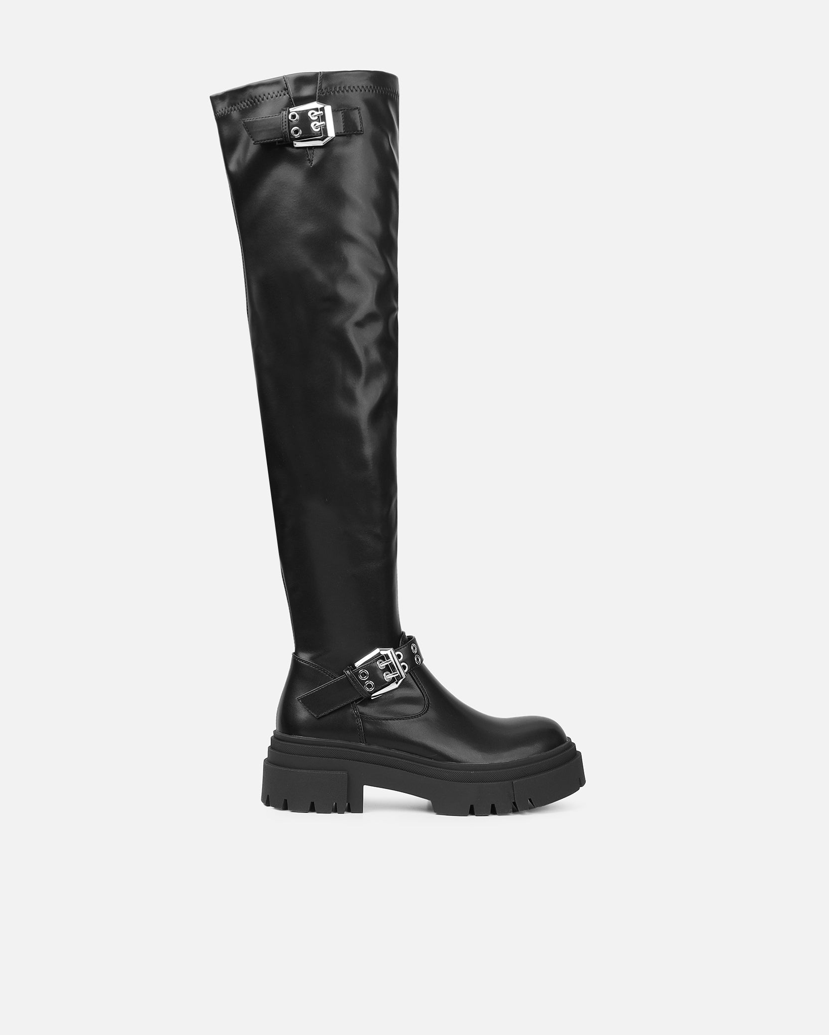 Butler Black Stretch Over The Knee Boots With Buckles | SIMMI London