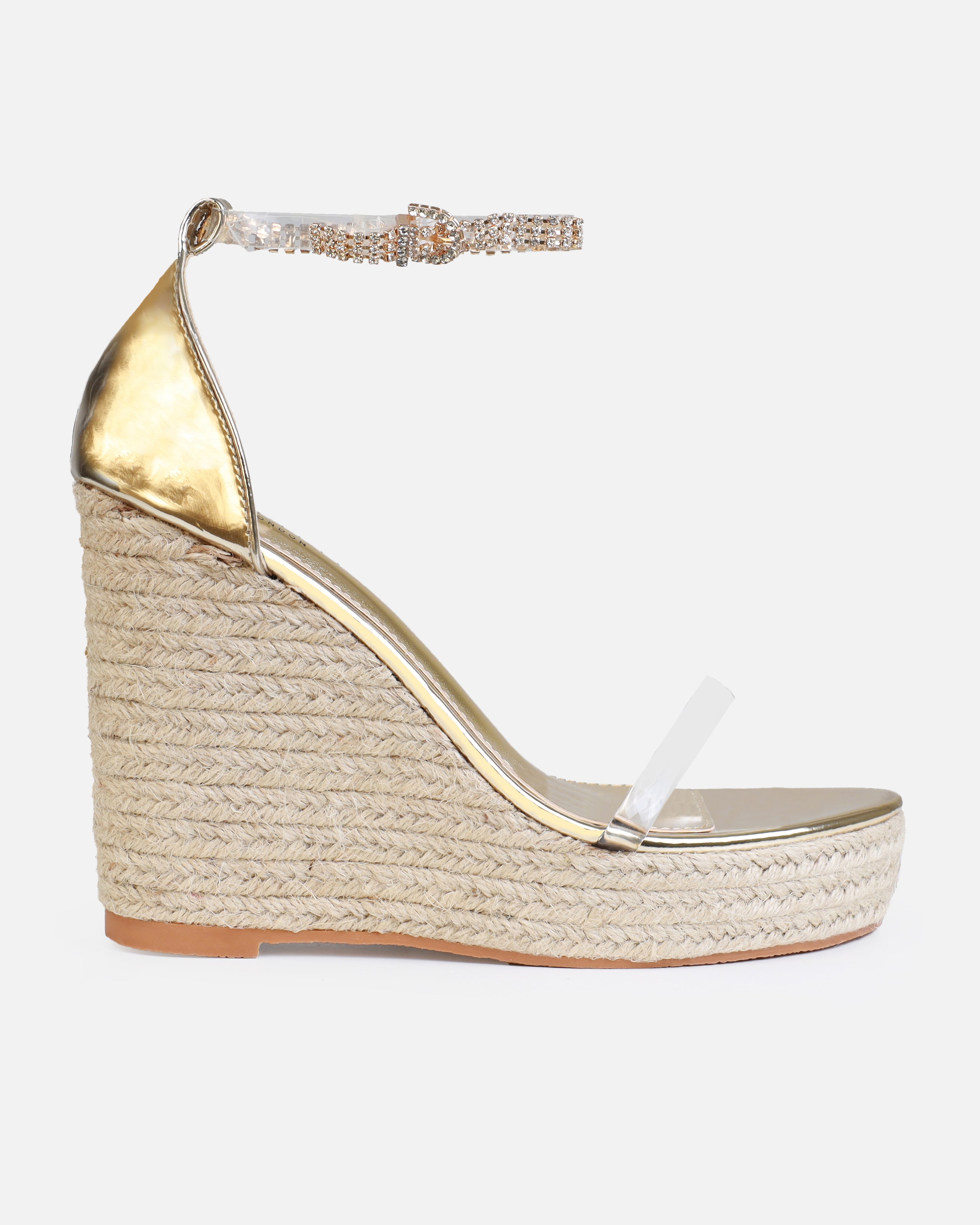 Tasha Ghouri Cove Gold Clear Diamante Wedges | SIMMI London