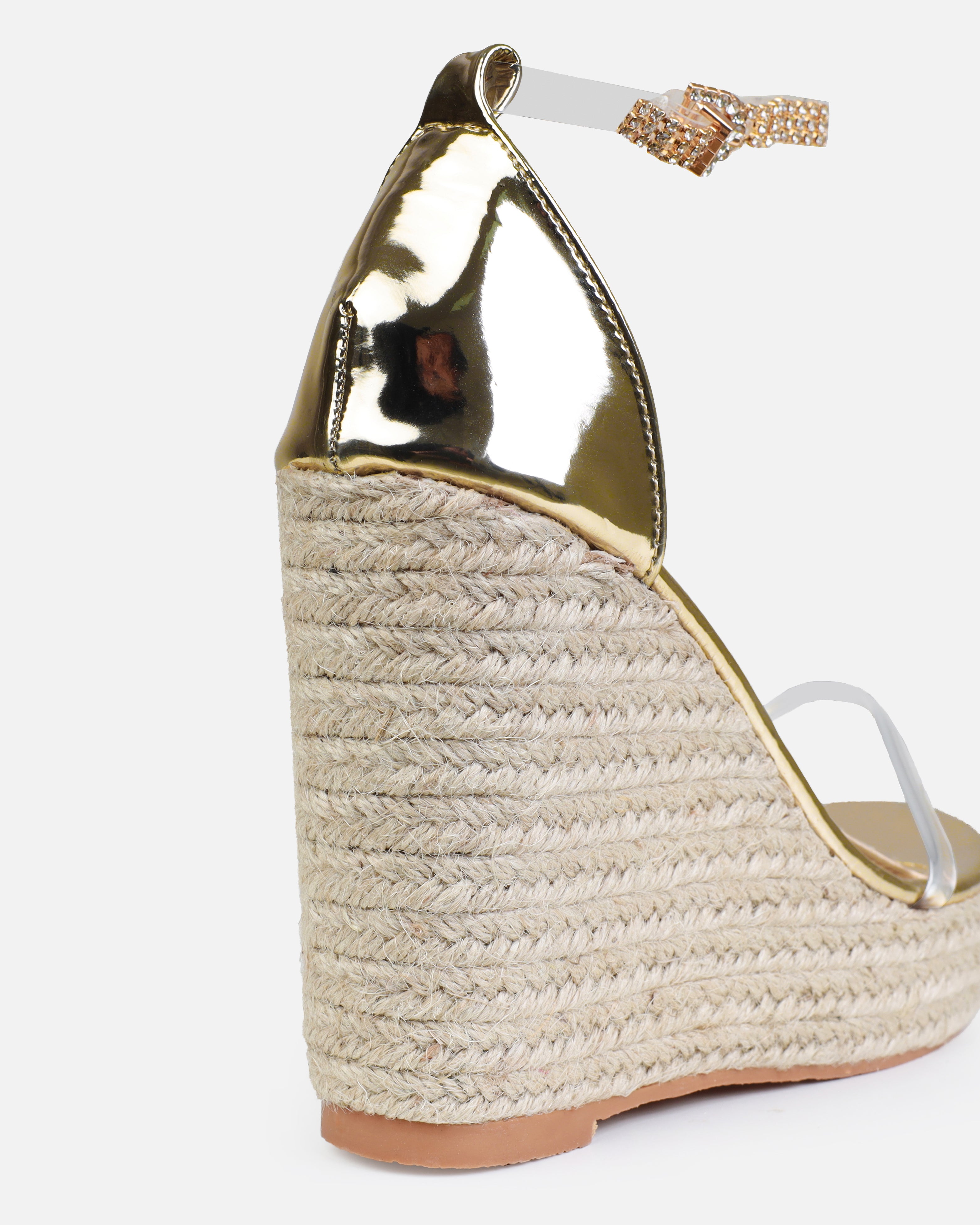 Tasha Ghouri Cove Gold Clear Diamante Wedges | SIMMI London