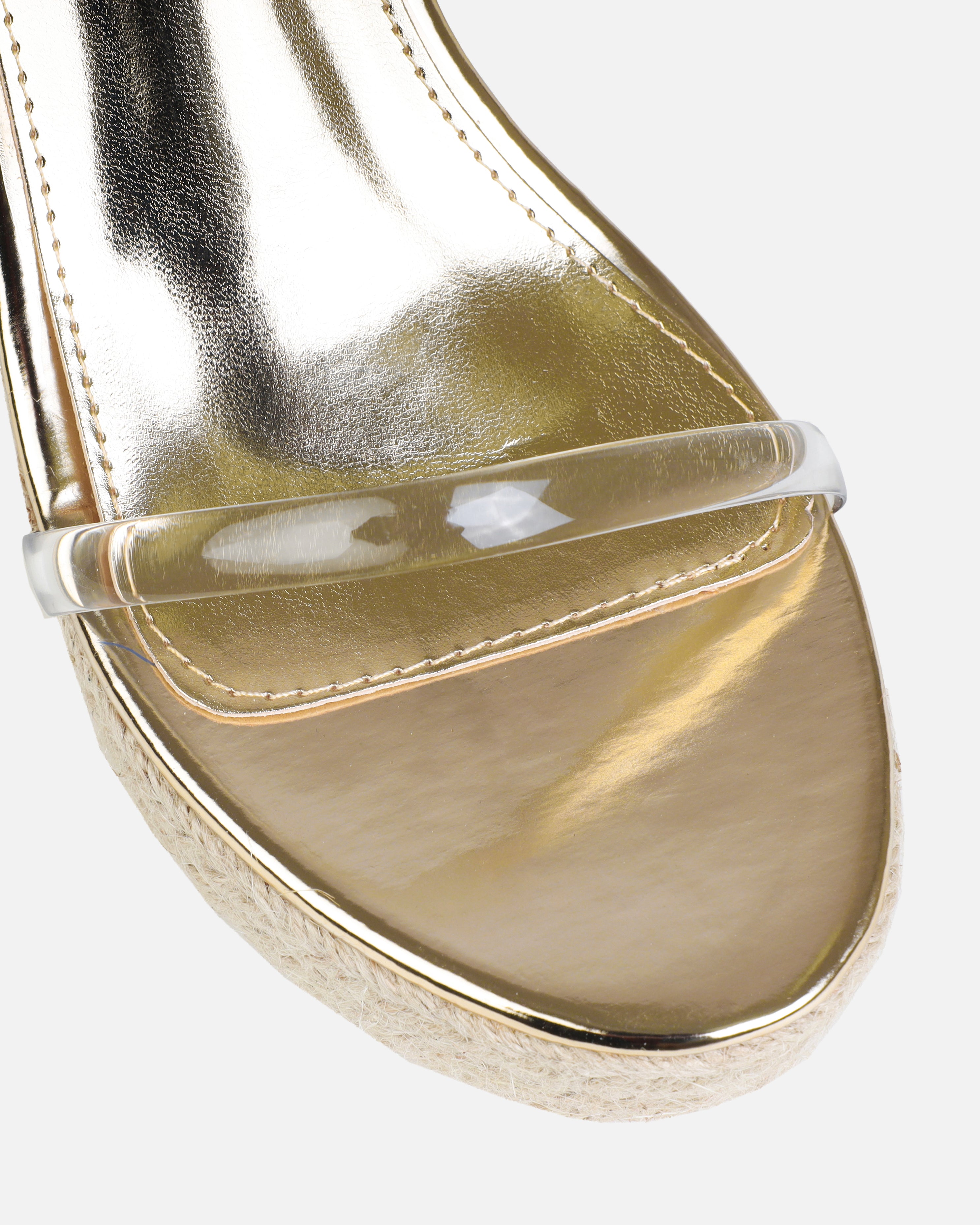 Tasha Ghouri Cove Gold Clear Diamante Wedges | SIMMI London