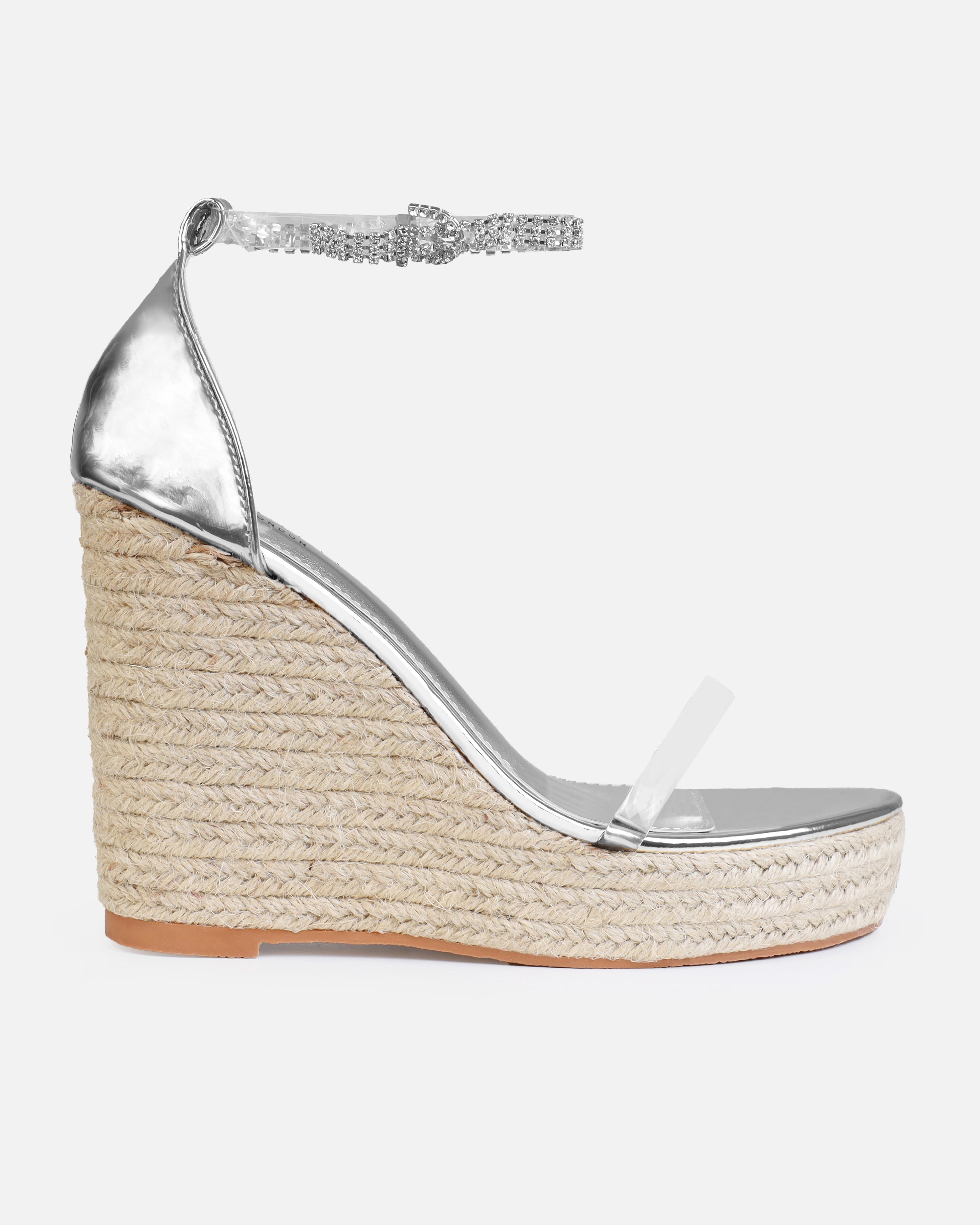 Tasha Ghouri Cove Silver Clear Diamante Wedges | SIMMI London