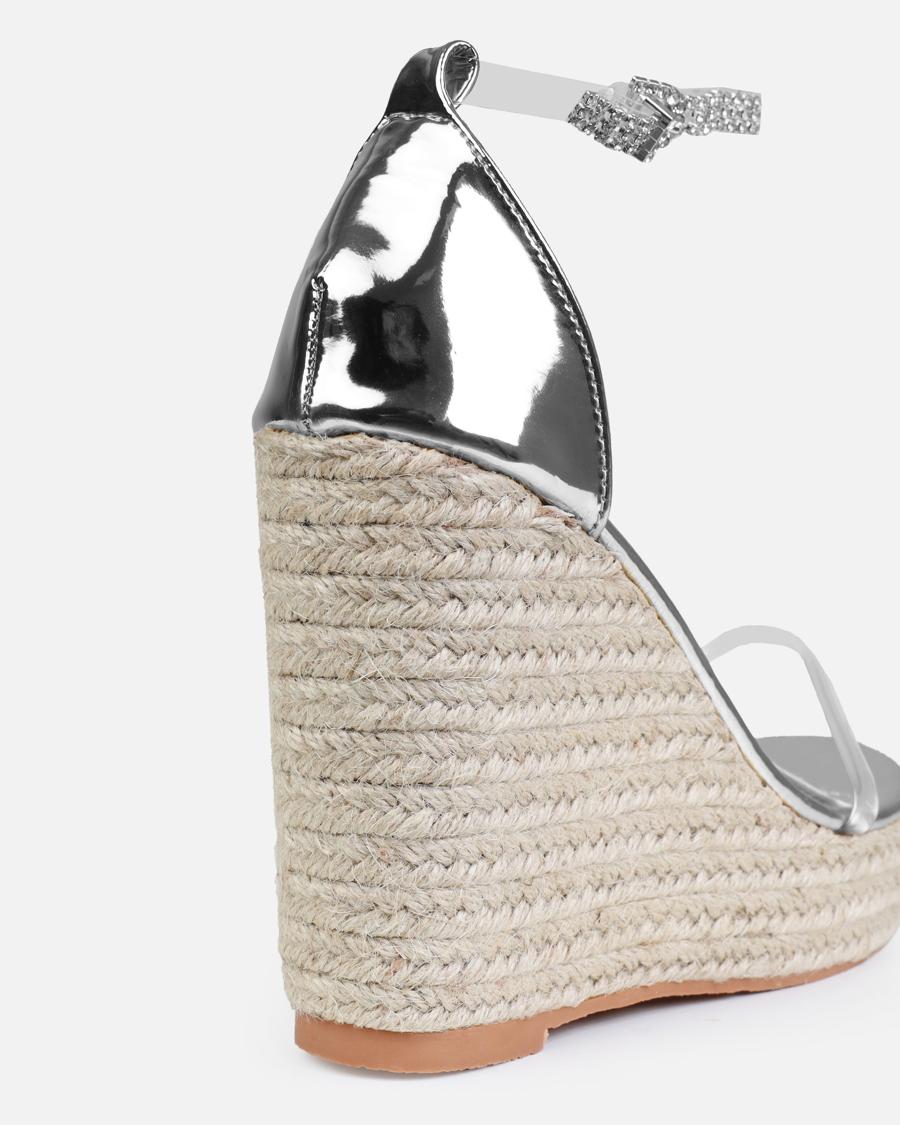 Tasha Ghouri Cove Silver Clear Diamante Wedges | SIMMI London
