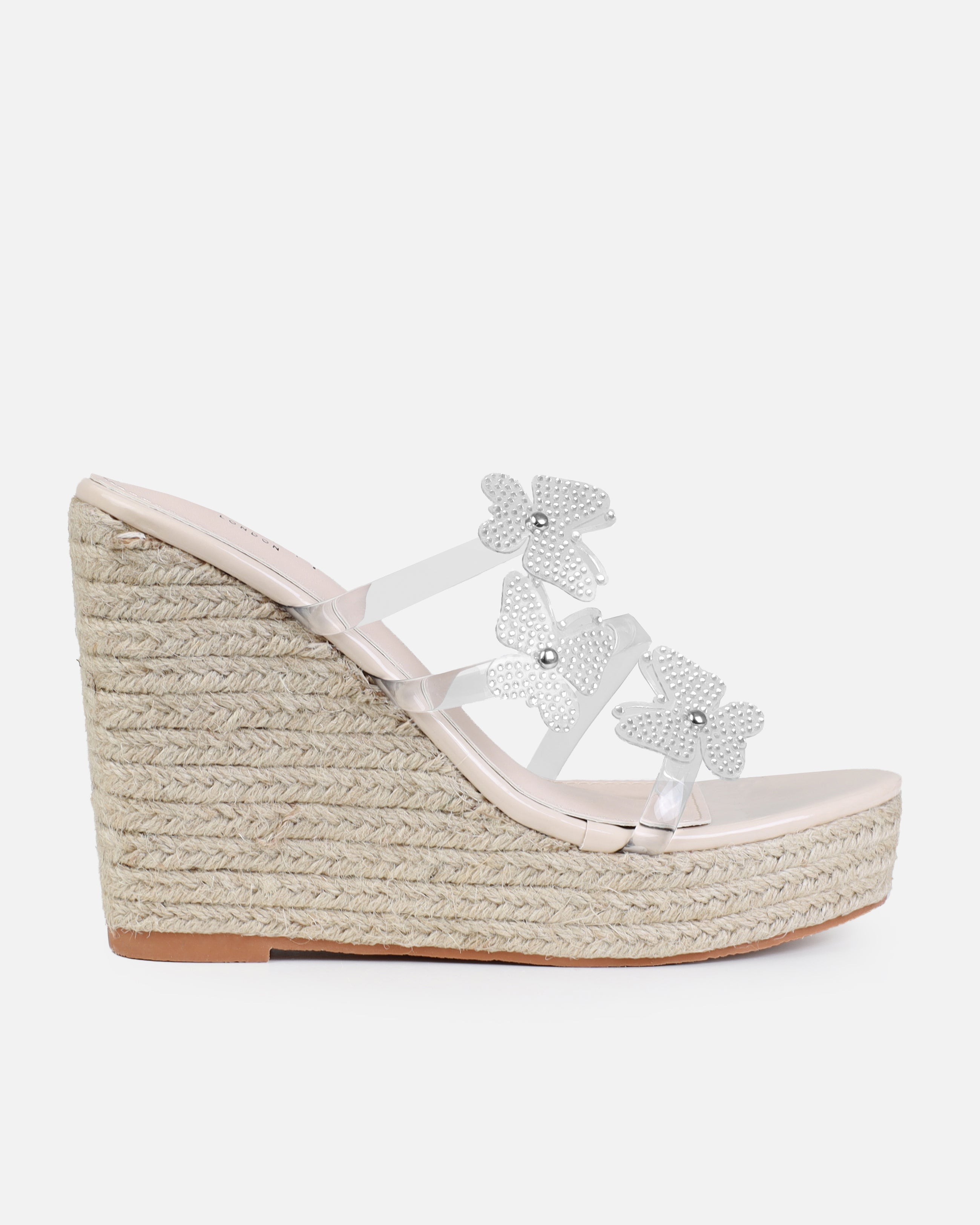 Uriel Stone Clear Diamante Butterfly Espadrille Mule Wedges | SIMMI London