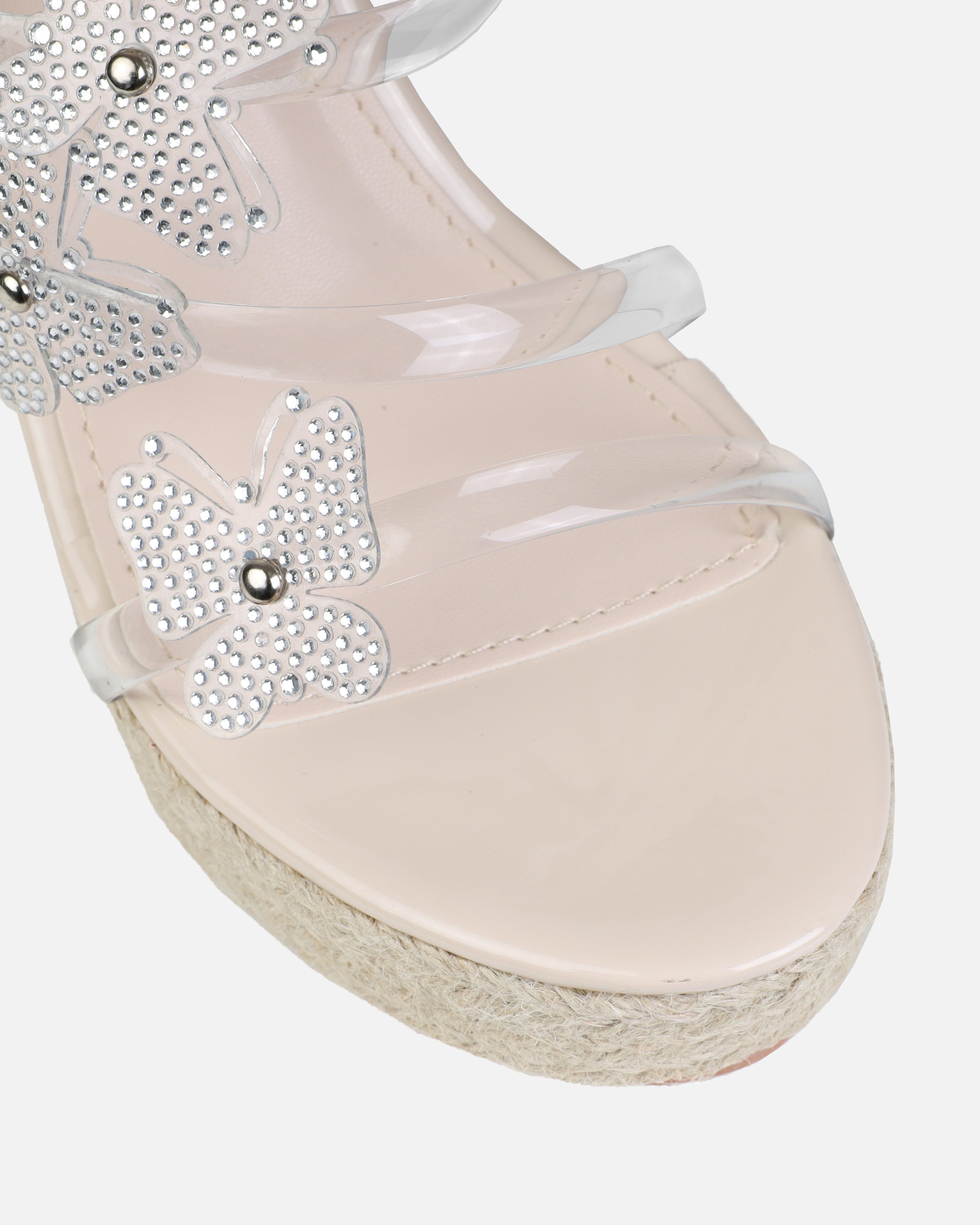 Uriel Stone Clear Diamante Butterfly Espadrille Mule Wedges | SIMMI London