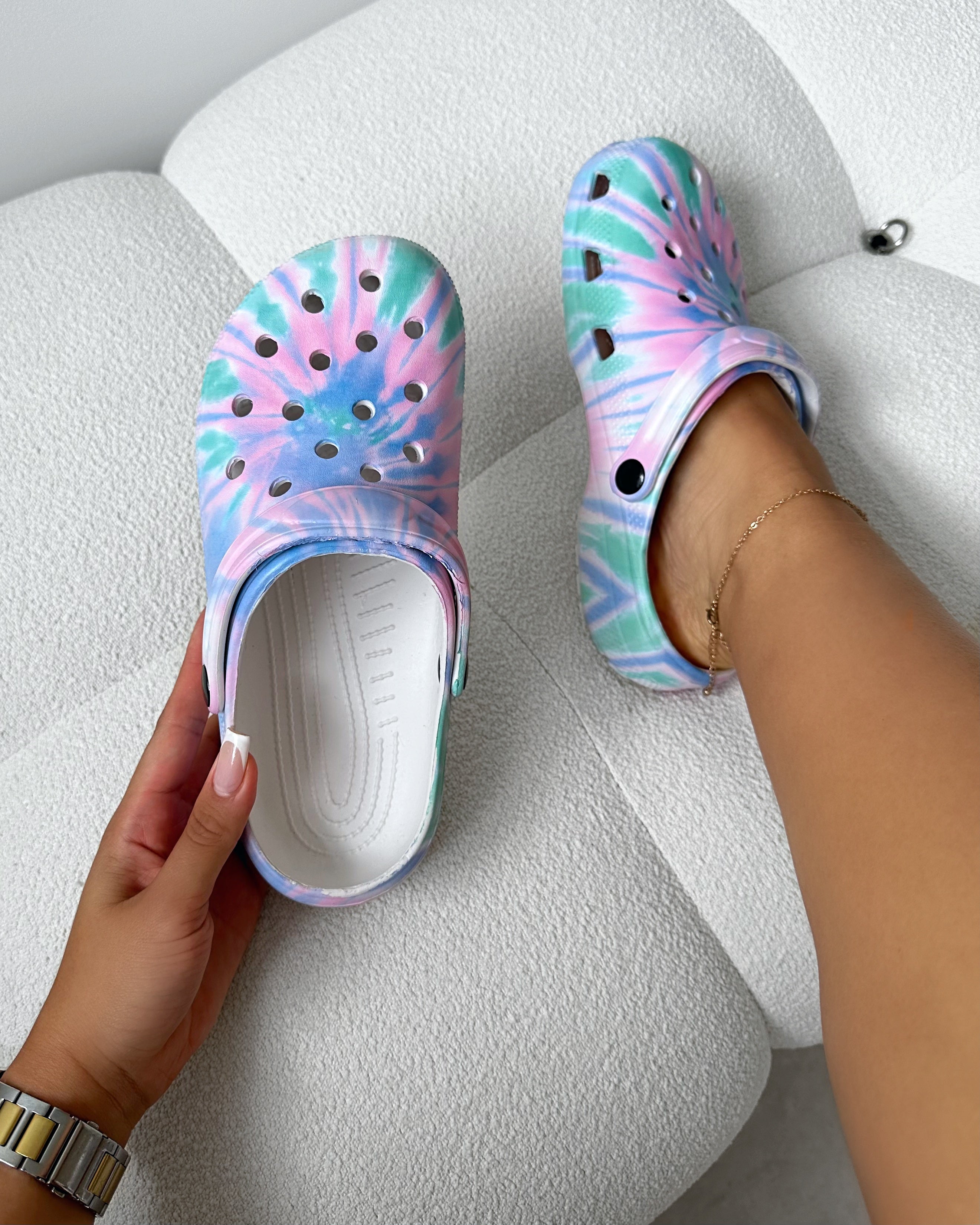 Cruz Pink And Green Tie Dye Moulded Flat Clogs | SIMMI London