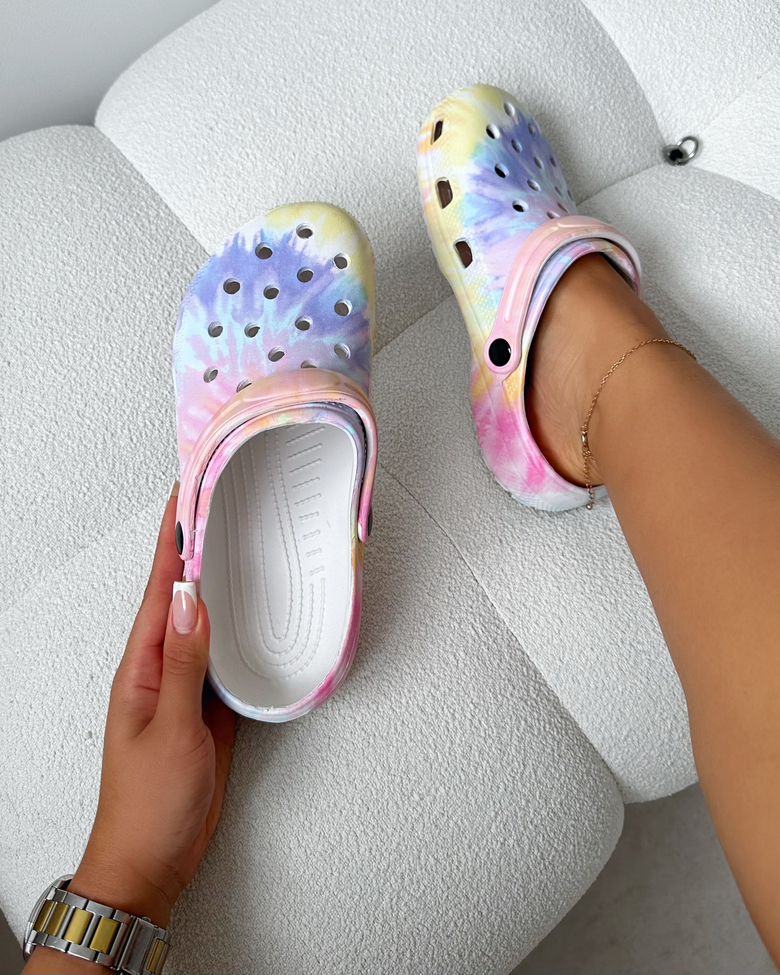 Cruz Purple And Yellow Tie Dye Moulded Flat Clogs | SIMMI London