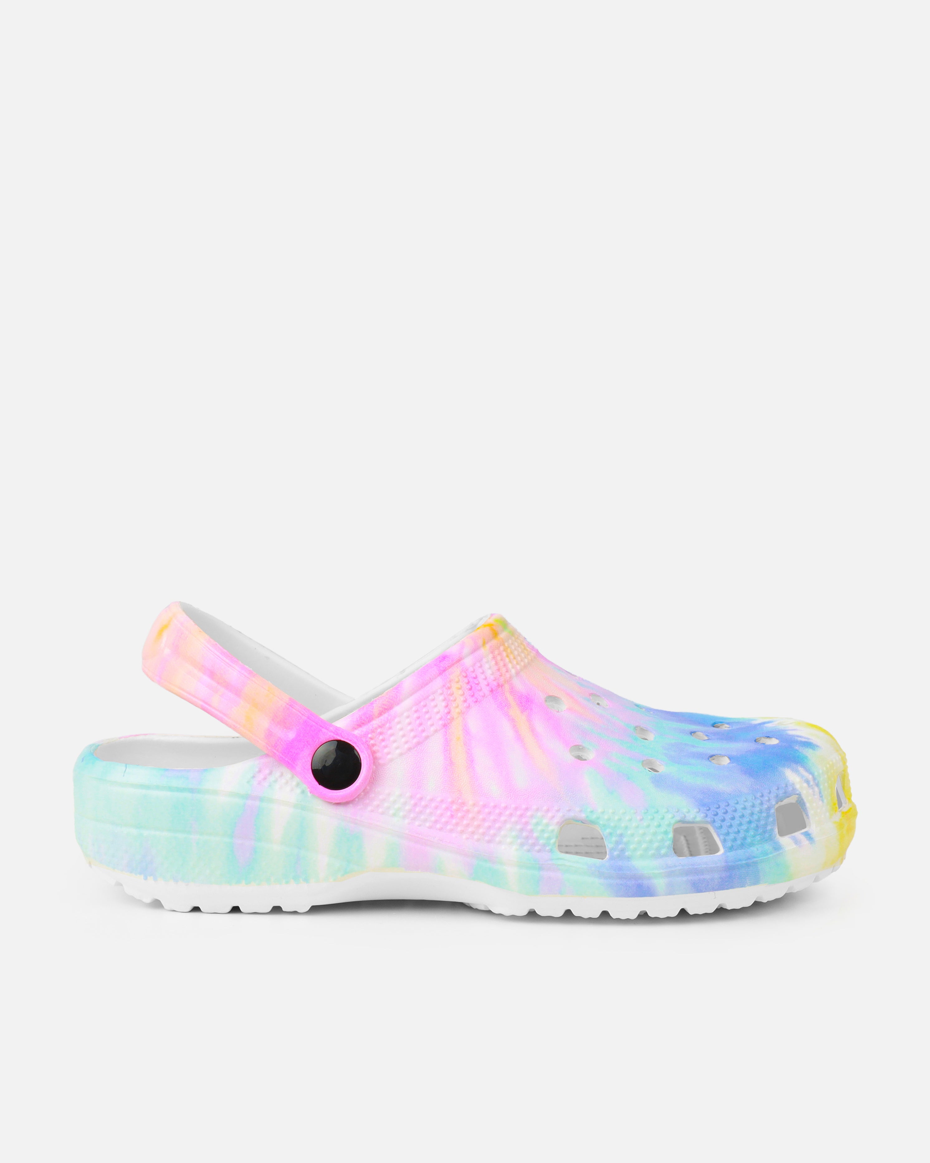 Cruz Purple And Yellow Tie Dye Moulded Flat Clogs | SIMMI London