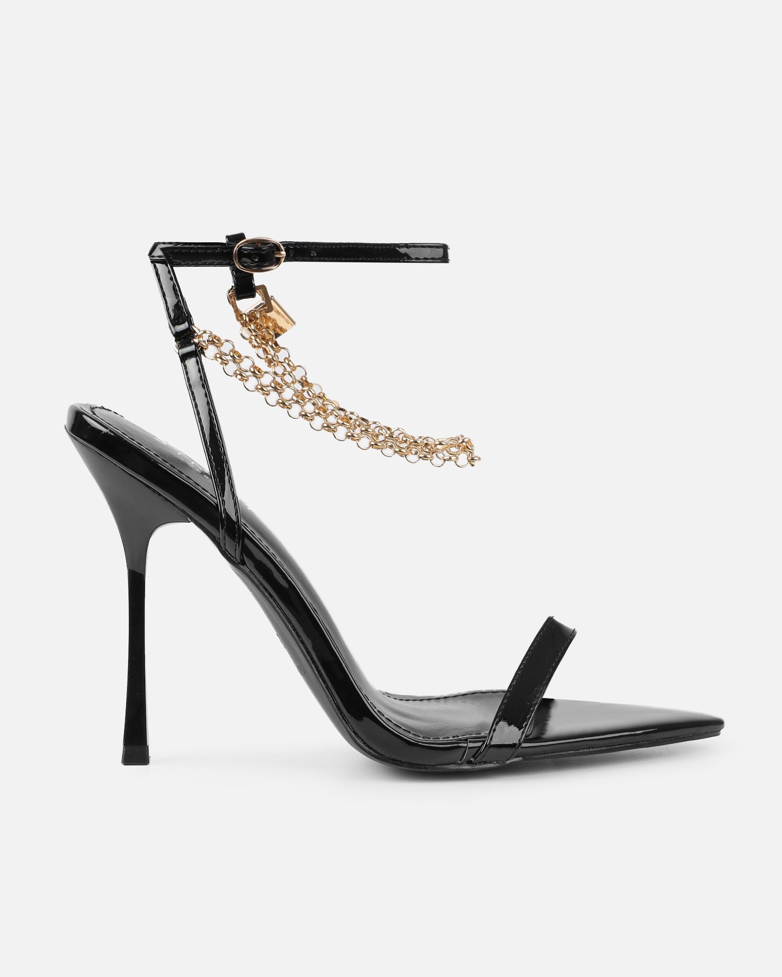 Dafni Black Patent Padlock Detail Heeled Sandals |SIMMI London