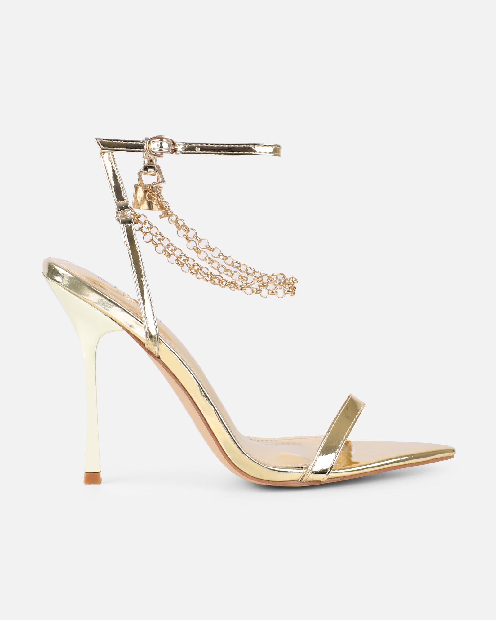 Dafni Gold Mirror Padlock Detail Heeled Sandals | SIMMI London