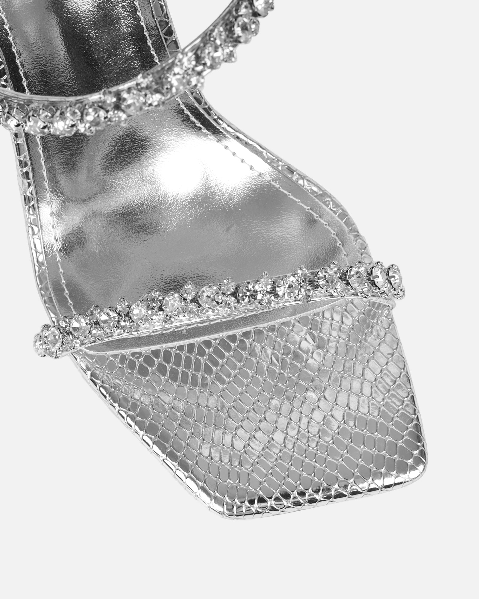 Daizy silver snake effect diamante heeled sandals | SIMMI London