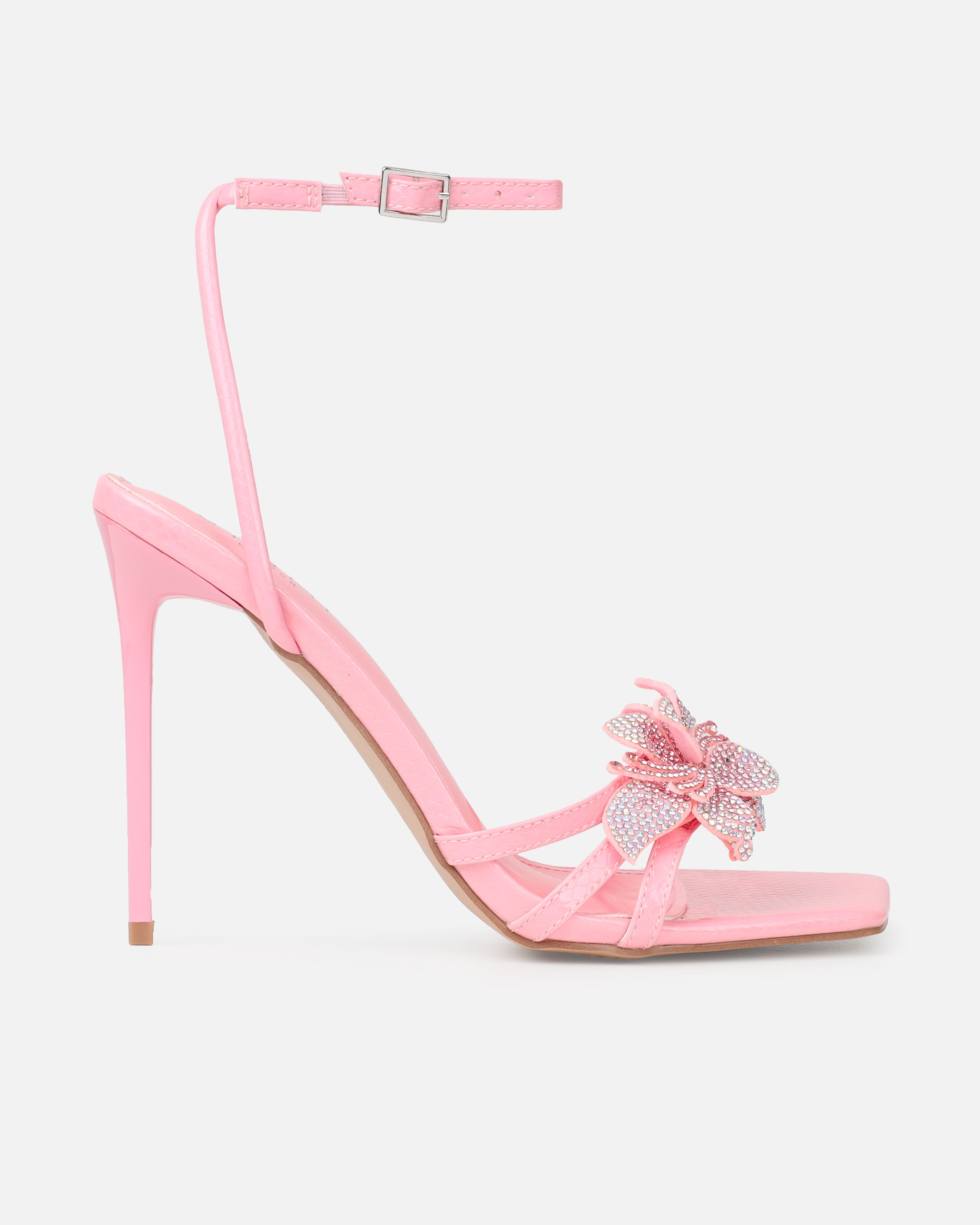 Delores Pink Snake Effect Flower Heeled Sandals | SIMMI London