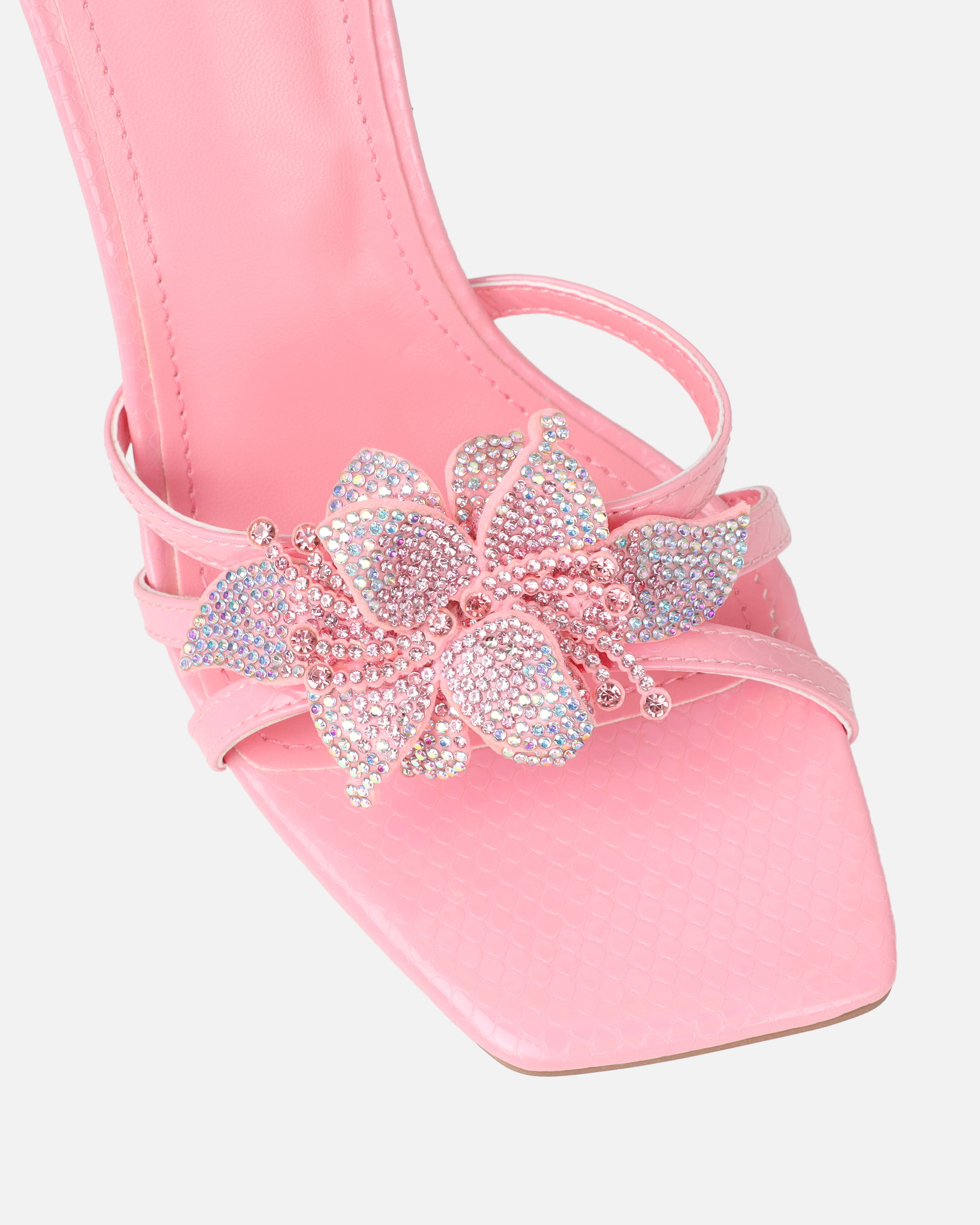 Delores Pink Snake Effect Flower Heeled Sandals | SIMMI London