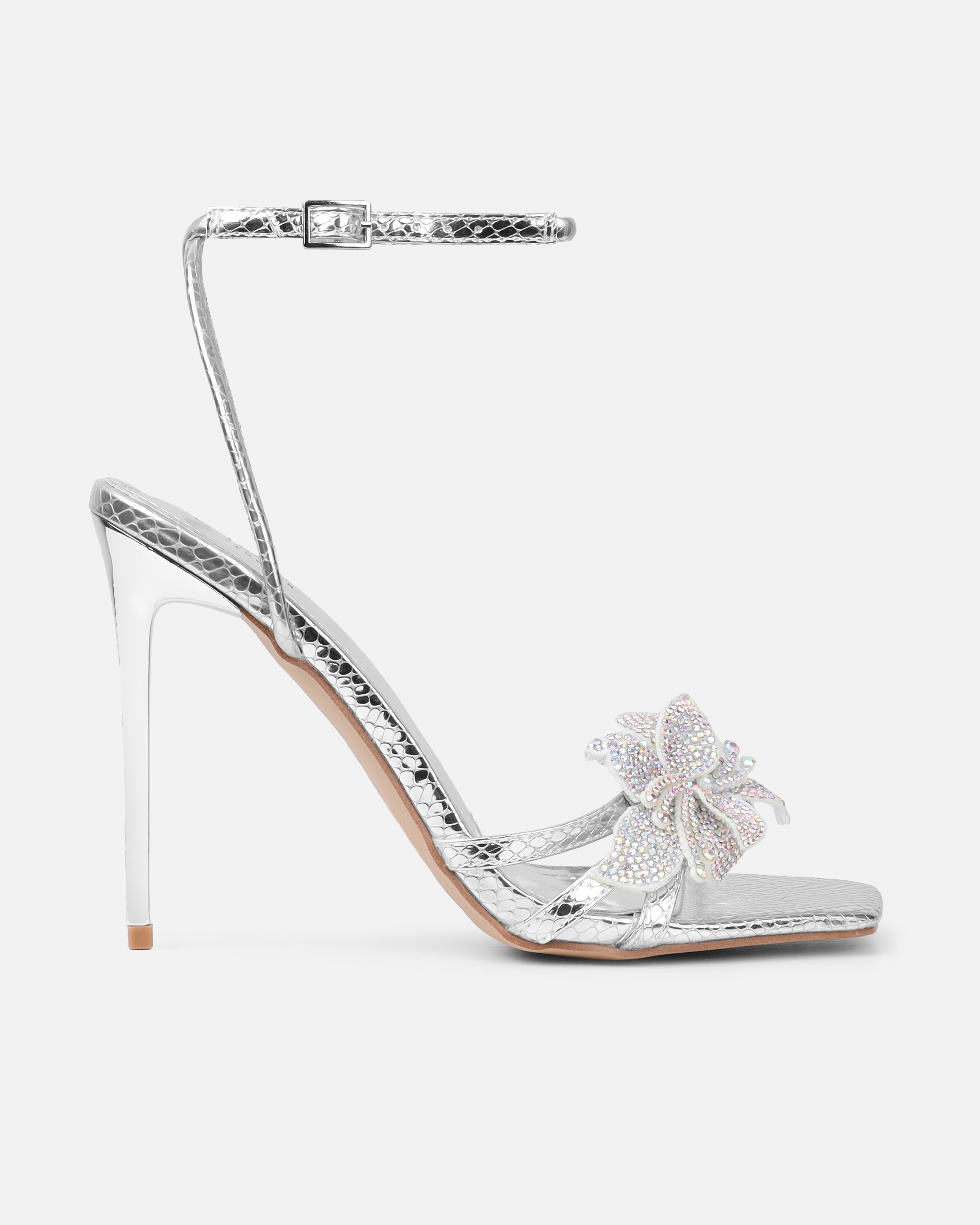 Delores Silver Mirror Snake Flower Heeled Sandals | SIMMI London