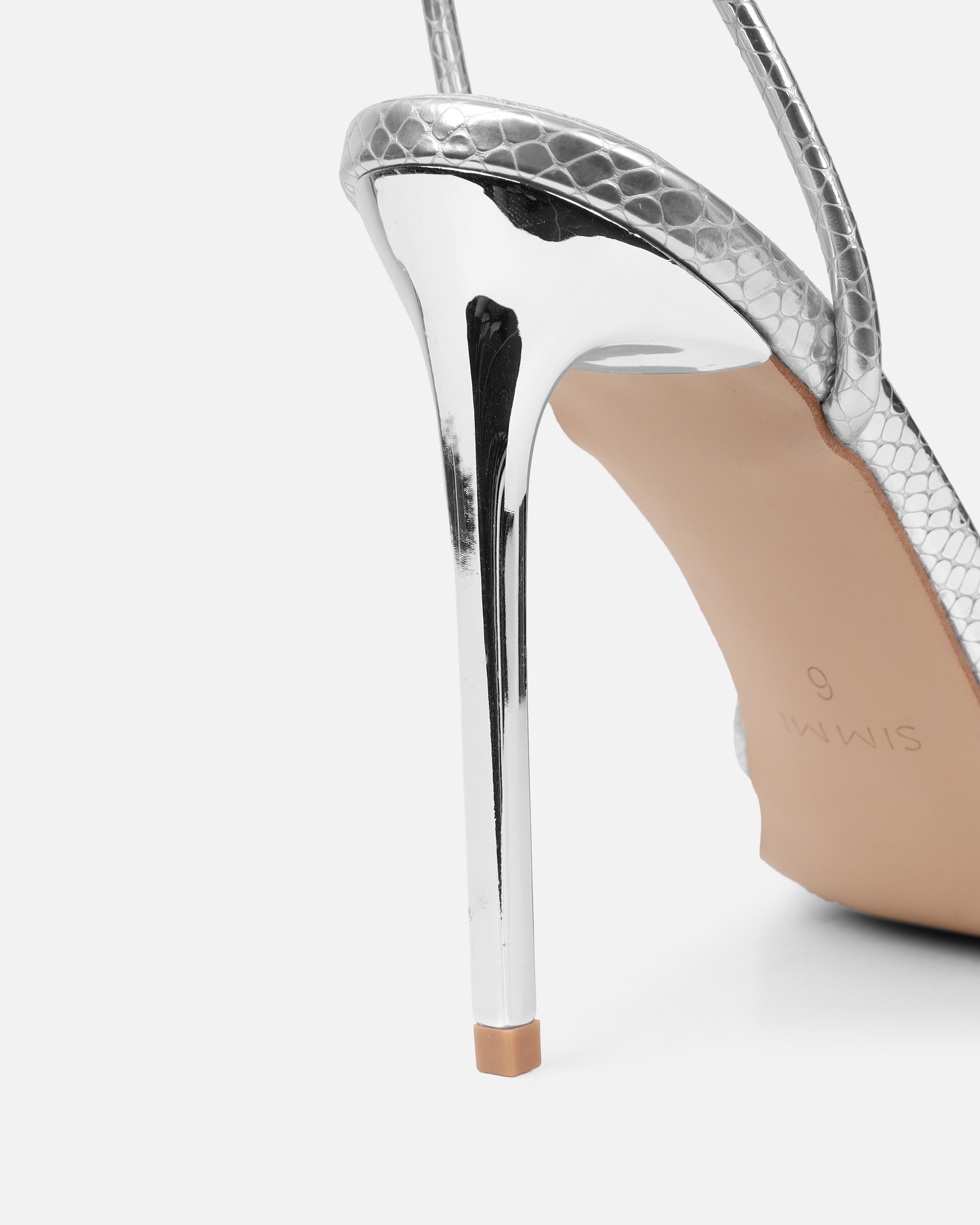 Delores Silver Mirror Snake Flower Heeled Sandals | SIMMI London