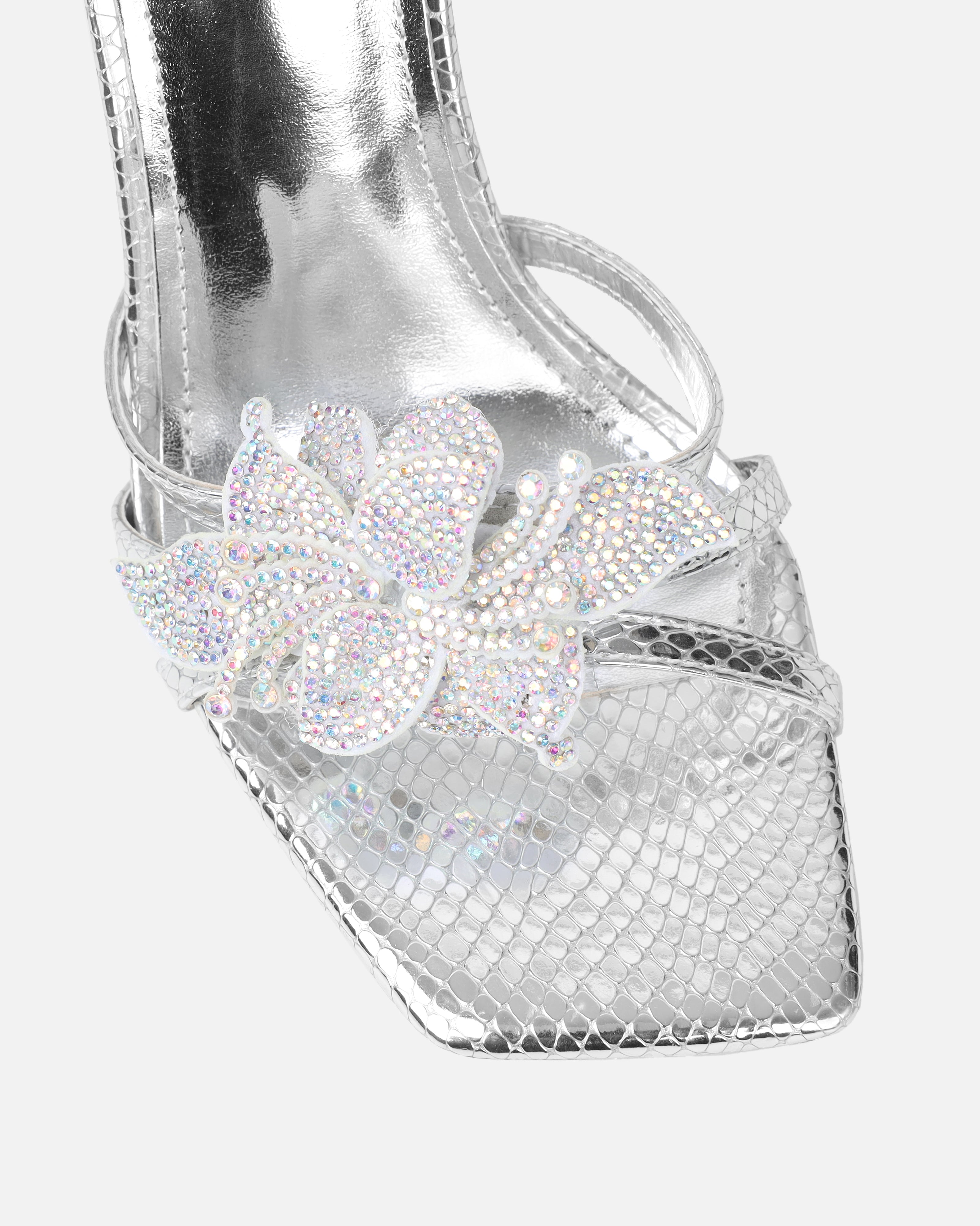 Delores Silver Mirror Snake Flower Heeled Sandals | SIMMI London