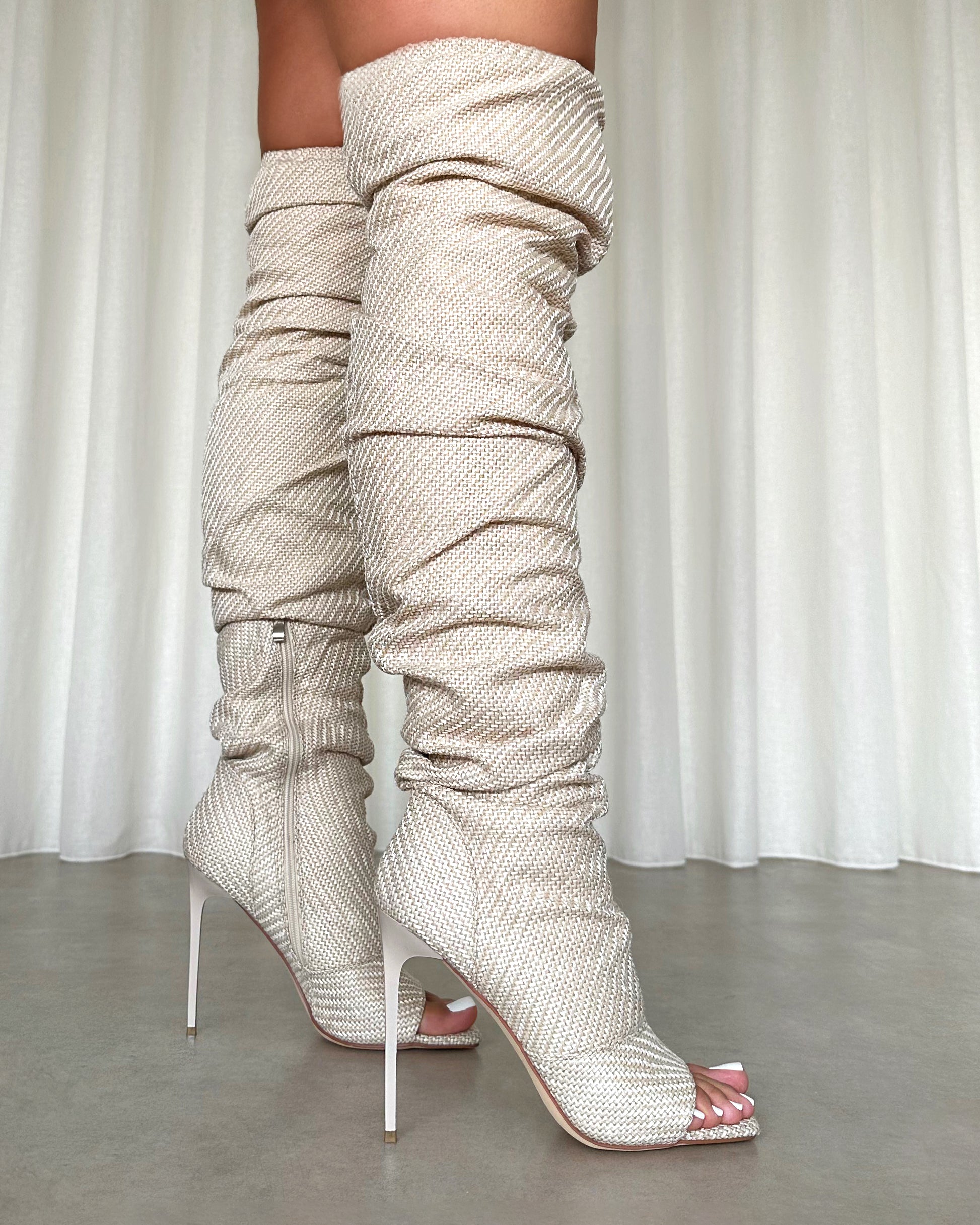Dakira beige woven over the knee open toe boots | SIMMI London