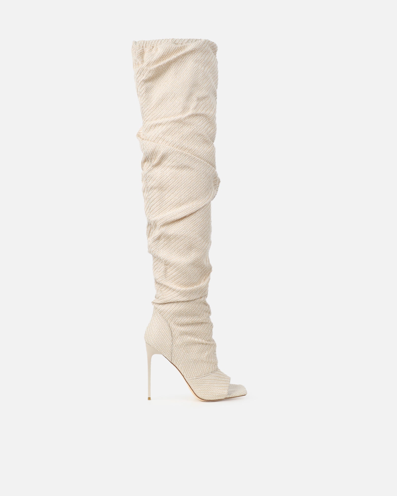 Dakira Beige Woven Over The Knee Open Toe Boots | SIMMI London