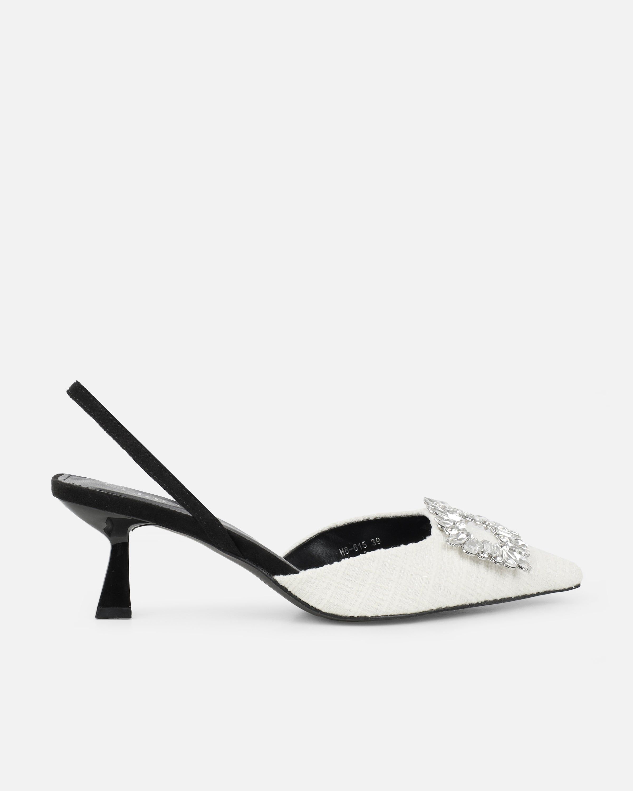 Dalary White Boucle Diamante Low Court Heeled Shoes | SIMMI London