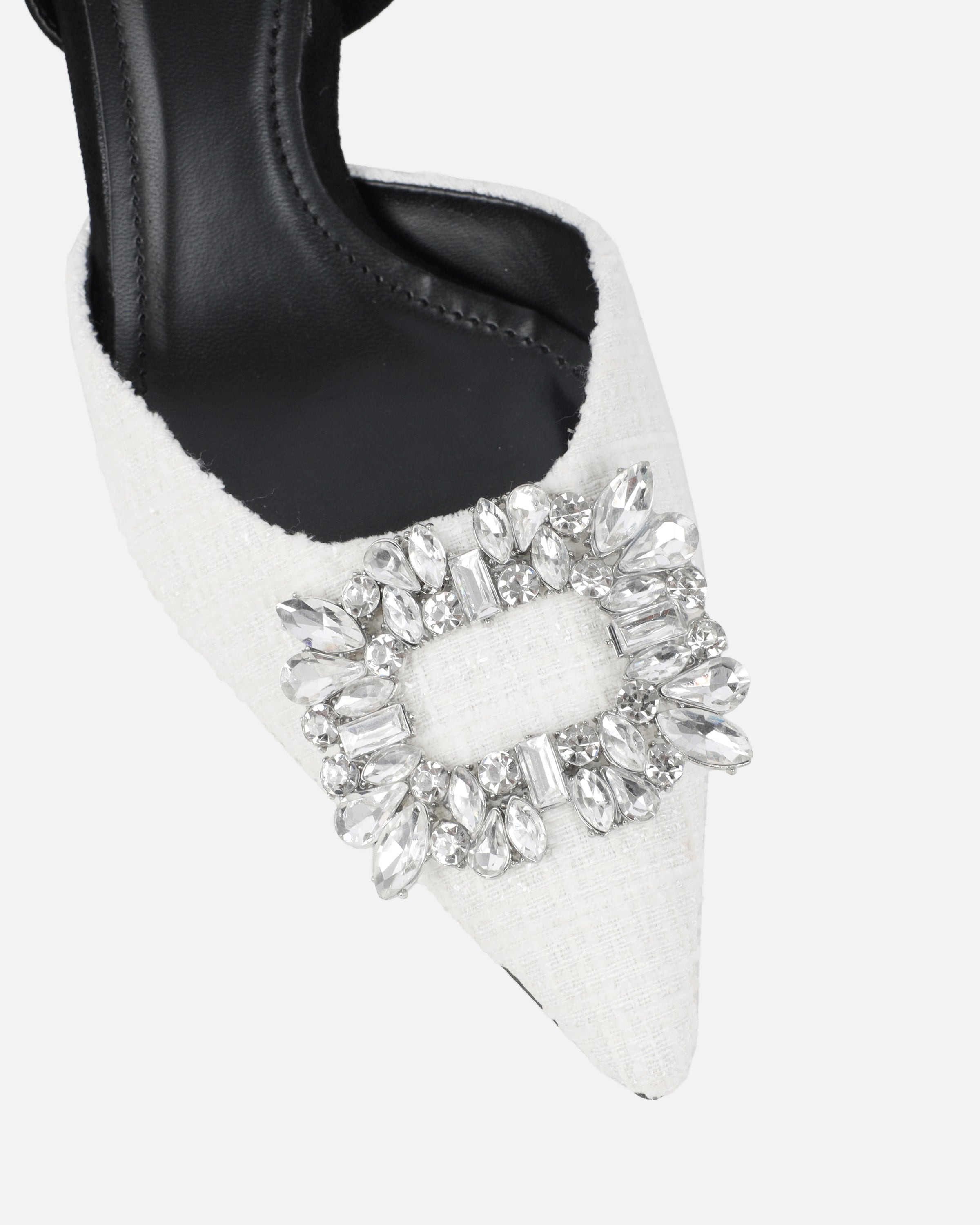 Dalary White Boucle Diamante Low Court Heeled Shoes | SIMMI London