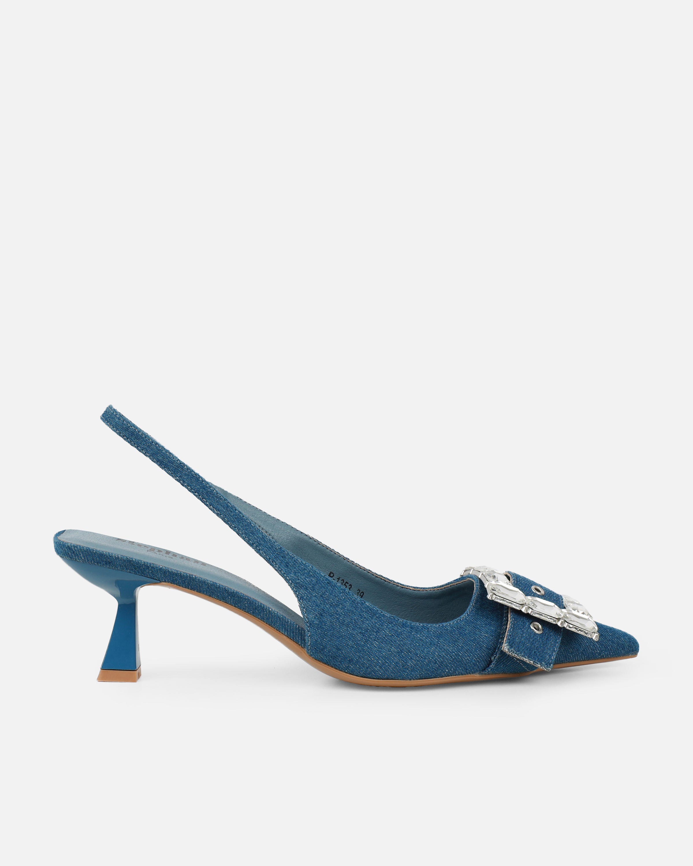Ardenne Blue Denim Diamante Low Court Heeled Shoes | SIMMI London