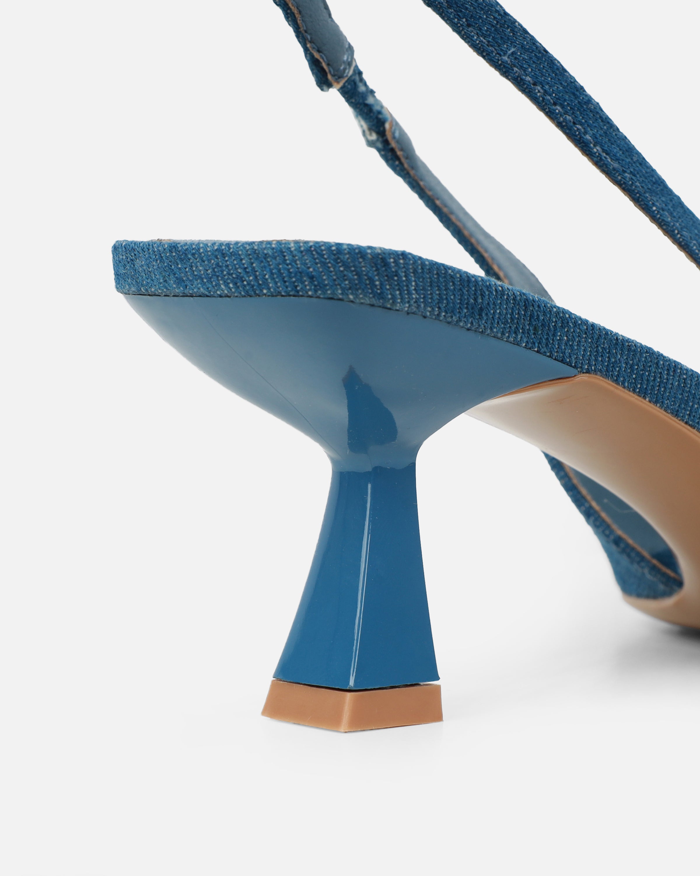 Ardenne Blue Denim Diamante Low Court Heeled Shoes | SIMMI London