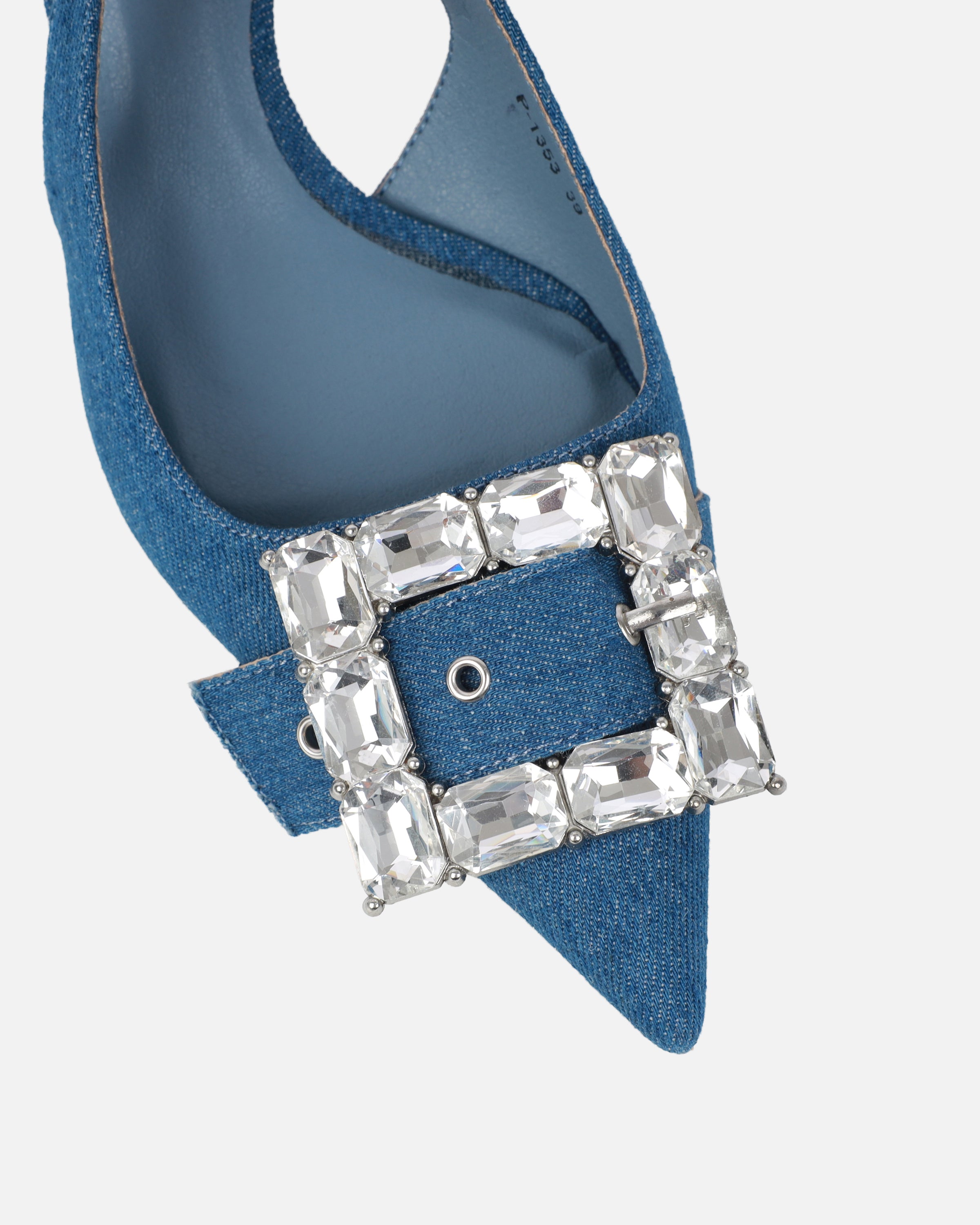 Ardenne Blue Denim Diamante Low Court Heeled Shoes | SIMMI London