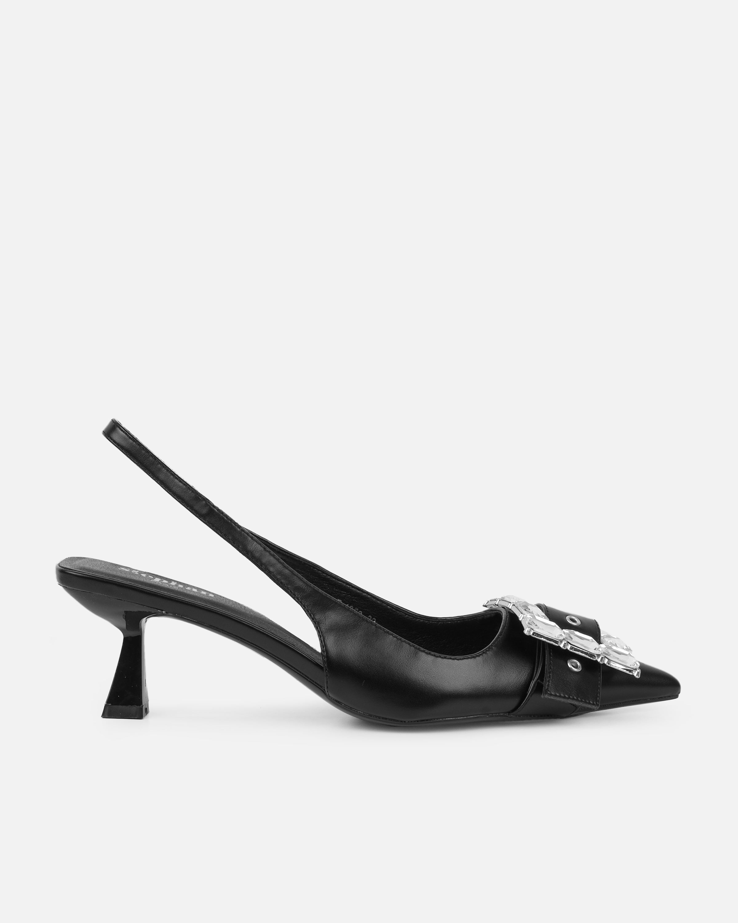 Ardenne Black Diamante Low Court Heeled Shoes | SIMMI London