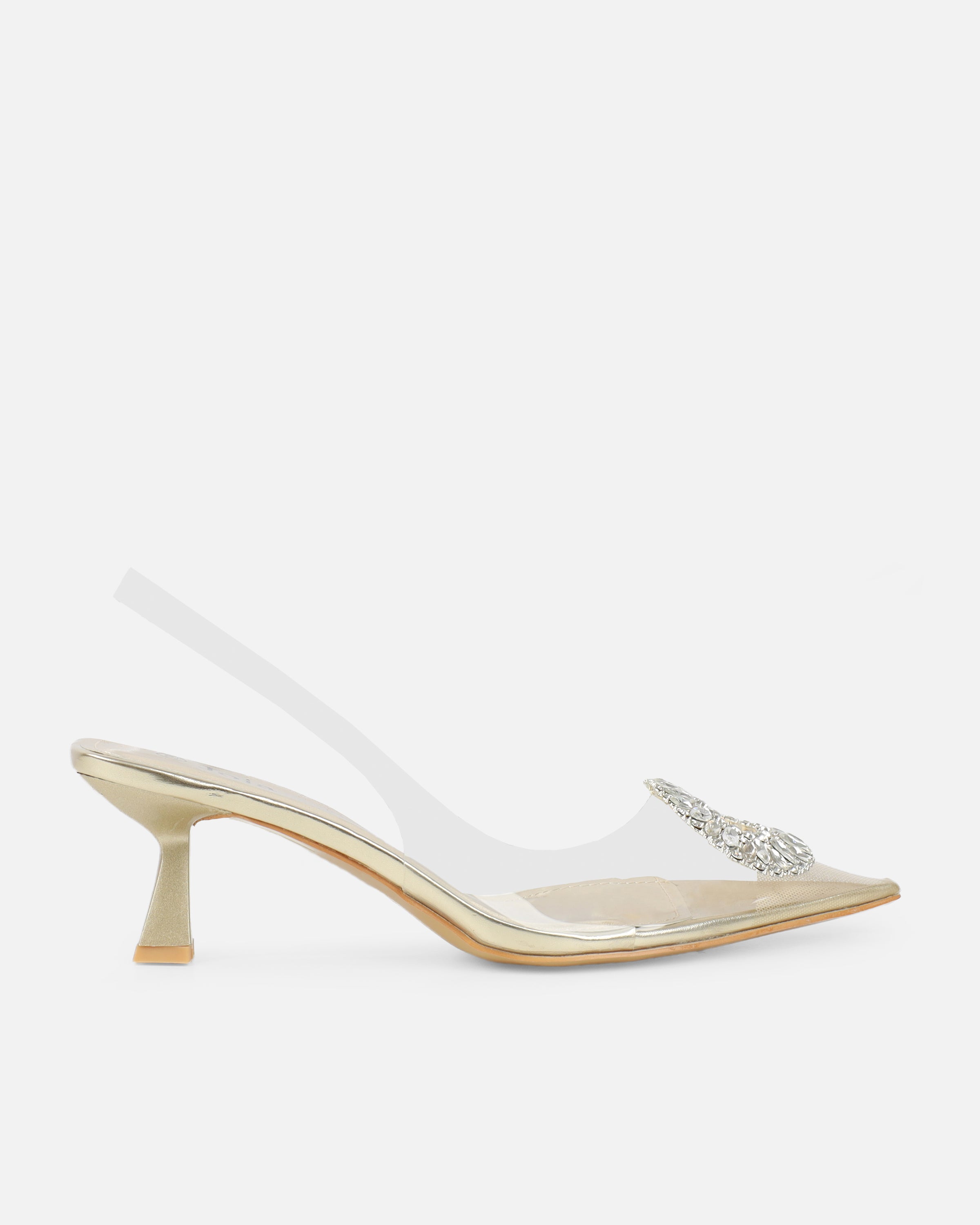 Racquel Clear Gold Diamante Mid Heel Courts | SIMMI London
