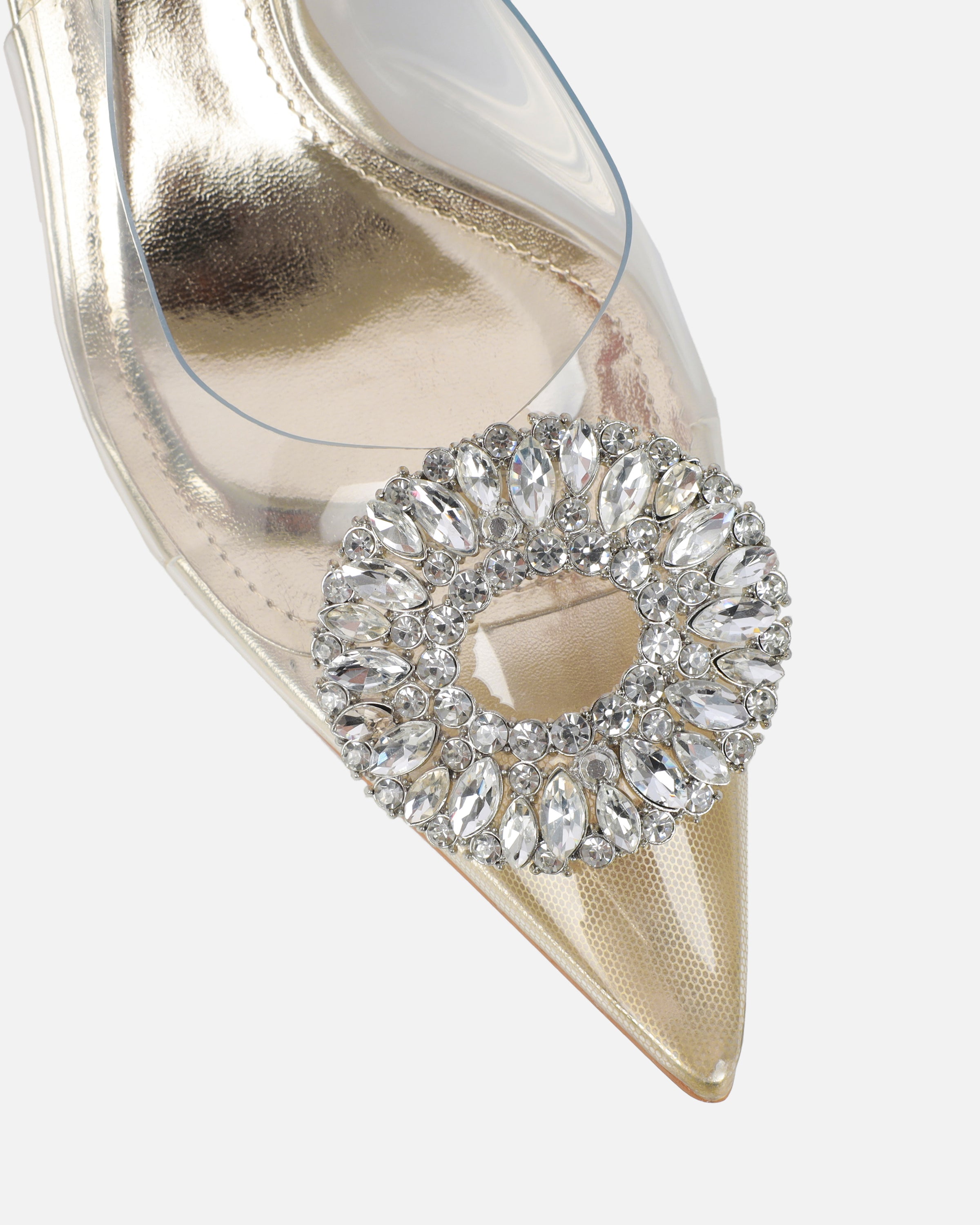 Racquel Clear Gold Diamante Mid Heel Courts | SIMMI London