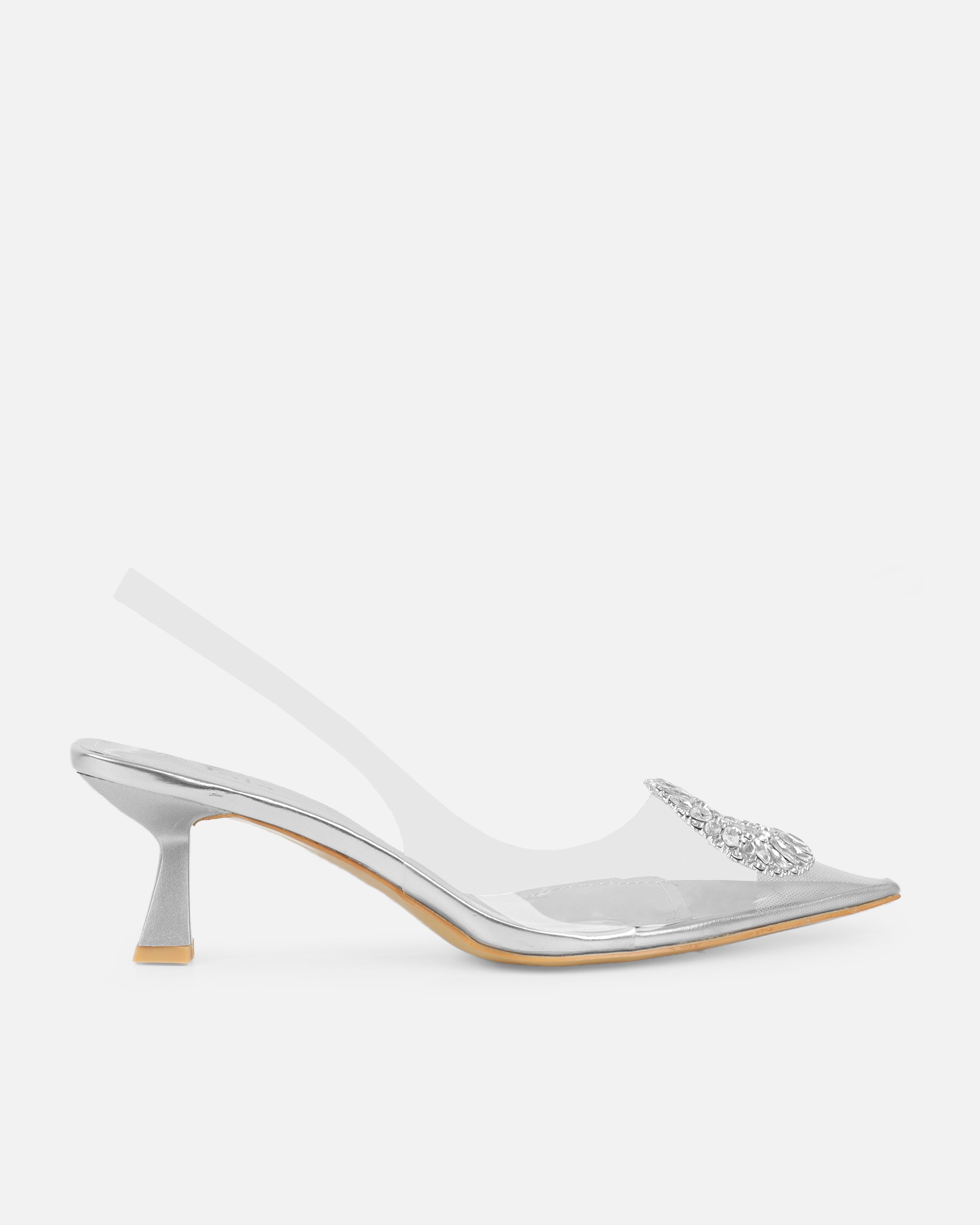 Racquel Clear Silver Diamante Mid Heel Courts | SIMMI London